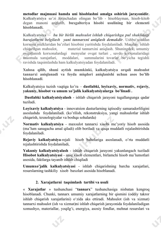 ahsulot tannarxi shakllanadi. tannarxni hisoblash amerka qo’shma shtatlarida kosting deb bizda kalkulyatsiya deb atalib – bu tannarxni aniqlashda qo‘llaniladigan metodlar majmuasi hamda uni hisoblashni amalga oshirish jarayonidir. kalkulyatsiya so’zi lotinchadan olingan bo’lib - hisoblayman, hisob-kitob degan manoni anglatib, buxgalteriya hisobi usulining bir elementi hisoblanadi. kalkulyatsiya – bu bir birlik mahsulot ishlab chiqarishga pul shaklidagi harajatlarni belgilash yani tannarxni aniqlash demakdir. ushbu usuldan korxona mulklaridan ba’zilari hisobini yuritishda foydalaniladi. masalan: ishlab chiqarilgan mahsulot, material tannarxini aniqlash. shuningdek, umumiy ovqatlanish korxonalardagi menyular ovqat turlari , savdo korxonalaridagi muomala xarajatlari, moddalari, summalarini tovarlar bo‘yicha tegishli ravishda taqsimlashda ham kalkulyatsiyadan foydalaniladi. xulosa qilib, shuni aytish mumkinki, kalkulyatsiya orqali mahsulot tannarxi aniqlanadi va foyda miqdori aniqlanishi uchun asos bo’lib hisoblanadi. kalkulyatsiya tuzish vaqtiga ko’ra – dastlabki, loyixaviy, normativ, rejaviy, yakuniy, hisobot va umum xo’jalik kalkulyatsiyalarga bo’linadi . dastlabki kalkulyatsiyalash - ishlab chiqarish jarayoni tugallangunga qadar tuziladi. loyixaviy kalkulyatsiya - innovatsion dasturlarning iqtisodiy samaradorliligini asoslashda foydalaniladi. …