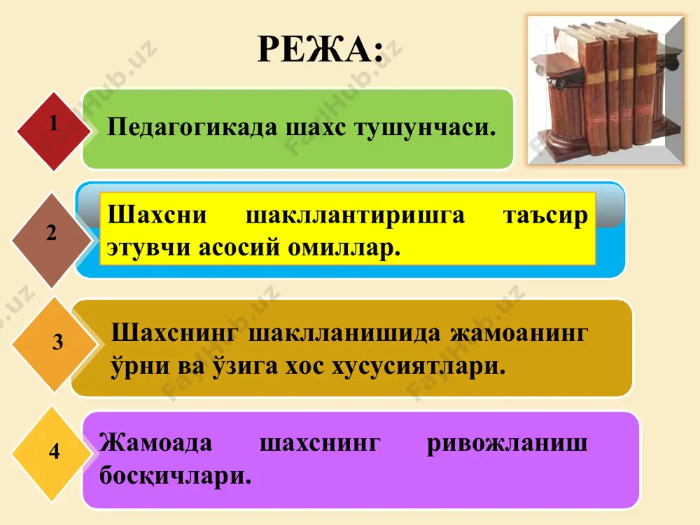 тимоий мавжудотдир. 1. психик хусусиятларни ривожланиши. бунга ақл, диққат, ҳаракат, ирода, хотира ва ҳ.к. киради. ҳаётда ўз ўрнини топа олиши, ватани, халқининг равнақи йўлида оғишмай, эътиқод билан хизмат қилиши, имонли бўлиши инсонни шахс даражасига кўтаради. бундай сифатларнинг рўёбга чиқиши тарбияга боғлиқ. 2. жисмоний ривожланиш. бу ривожланиш жараёнида у турли ўзгаришларни, жисмоний, психик, миқдор ва сифат ўзгаришларни ўз бошидан кечиради. инсонда бўладиган жисмоний ўзгаришларга бўйининг ўсиши, вазнининг оғирлашиб бориши, суяк ва мушак системалари, ички органлари ва асаб системасининг ўзгариб бориши киради. инсон икки хил хусусиятга кўра ривожланиб боради: шахснинг шаклланишига таъсир этувчи асосий омиллар жамоа тушунчаси ва унинг ривожланиш босқичлари жамоа сўзи лотинча «коллективус» сўзининг таржимаси бўлиб, йиғилма, омма, биргаликдаги мажлис, бирлашма, гуруҳ маъноларини англатади. аниқроқ айтиладиган бўлса, жамоа — бу кишилардан иборат гуруҳ демакдир. замонавий талқинда «жамоа» тушунчаси икки хил маънода ишлатилади. биринчидан, жамоа деганда кишиларнинг исталган ташкилий гуруҳи тушунилади (масалан, ишлаб чиқариш жамоаси, завод жамоаси, хўжалик жамоаси ва ҳоказо). …