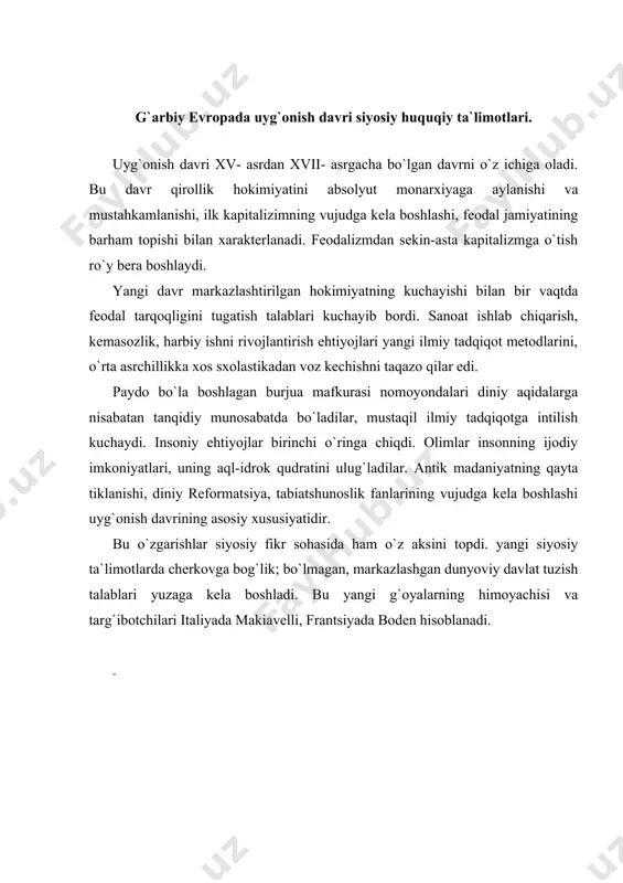 di. makiavelli birinchilardan bo`lib diniy aqidalardan holi bo`lgan siyosiy ta`limot yaratishga harakat qildi. uning ta`limoti siyosiy amaliyotning kuzatish, tarix va inson psixikasini o`rganish asosiga qurilgan. makiavellining fikricha u odamlarning xatti-harakatlarini bir-xil xirs va intilishlar belgilaydi. inson tabiatining zaminida amalparastlik, g`arazgo`ylik yotadi. odamlar, deydi u, subitsiz, noshukur, qo`rqoq, munofiq, ichi qora, boshqalarni ko`ra olamaydigan xossalarga egadirlar. qobiliyati cheklangan bo`lsa ham, hohishlari cheklanmagan. ular doim hozirgi kundan norozi, o`tmishni maqtaydilar, taqlid qilishni sevadilar, lekin yaxshi narsalarga nisbatan yomon odatlarni tezroq o`zlashtiradilar. inson - "o`zining dunyoga kelishini batamom asosli ravishda katta yig`i bilan olqishlovchi eng ojiz va sho`rpeshana maxluqdir". donishmand hukmdor davlatni boshqarishda o`zini axloq normalari bilan cheklanmasdan odamlarga xos mana shu xossalarini hisobga olishi zarur, deb uqtiradi. shundagina u o`z oldiga qo`ygan vazifalarni bajarishga qodir bo`ladi. makiavelli markazlashgan milliy davlat tarafdori edi. u davlatni kuchsizlantiruvchi va uning yaxlitligini buzuvchi barcha narsalarga nafrat bilan qaraydi va aksincha, davlat qudratining oshib borishiga, uning birligini …