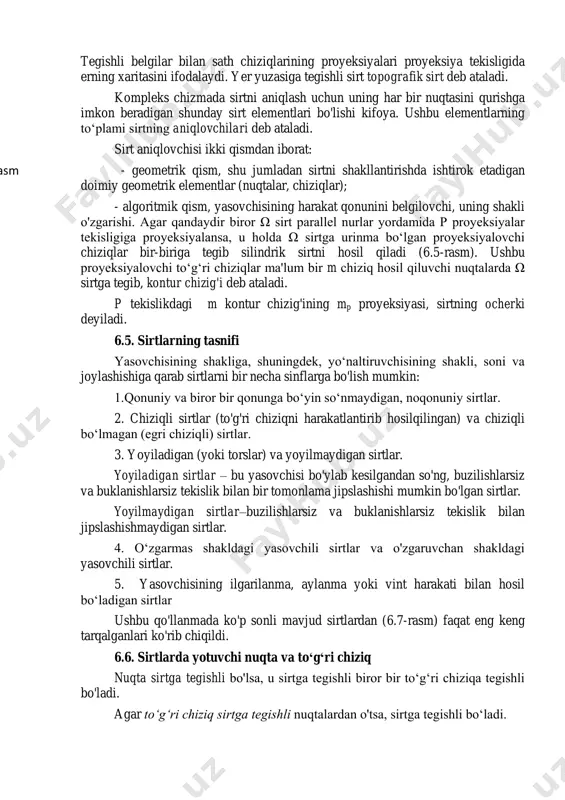elementlari bo'lishi kifoya. ushbu elementlarning to„plami sirtning aniqlovchilari deb ataladi. sirt aniqlovchisi ikki qismdan iborat: - geometrik qism, shu jumladan sirtni shakllantirishda ishtirok etadigan doimiy geometrik elementlar (nuqtalar, chiziqlar); - algoritmik qism, yasovchisining harakat qonunini belgilovchi, uning shakli o'zgarishi. agar qandaydir biror ω sirt parallel nurlar yordamida p proyeksiyalar tekisligiga proyeksiyalansa, u holda ω sirtga urinma bo„lgan proyeksiyalovchi chiziqlar bir-biriga tegib silindrik sirtni hosil qiladi (6.5-rasm). ushbu proyeksiyalovchi to„g„ri chiziqlar ma'lum bir m chiziq hosil qiluvchi nuqtalarda ω sirtga tegib, kontur chizig'i deb ataladi. p tekislikdagi m kontur chizig'ining mp proyeksiyasi, sirtning ocherki deyiladi. 6.5. sirtlarning tasnifi yasovchisining shakliga, shuningdek, yo„naltiruvchisining shakli, soni va joylashishiga qarab sirtlarni bir necha sinflarga bo'lish mumkin: 1.qonuniy va biror bir qonunga bo„yin so„nmaydigan, noqonuniy sirtlar. 2. chiziqli sirtlar (to'g'ri chiziqni harakatlantirib hosilqilingan) va chiziqli bo„lmagan (egri chiziqli) sirtlar. 3. yoyiladigan (yoki torslar) va yoyilmaydigan sirtlar. yoyiladigan sirtlar – bu yasovchisi bo'ylab kesilgandan so'ng, buzilishlarsiz …