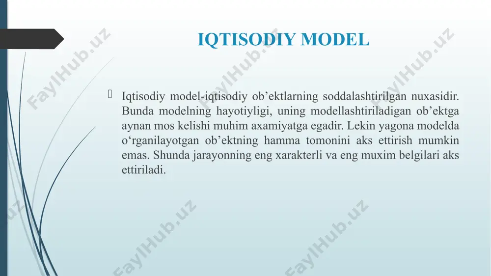a nisbatan parametrlar chiziqli funksiya ko‘rinishida namoyon bo‘lishi mumkin. iqtisodiyotda qo‘llaniladigan optimallashtirish modellari bu maqsad funksiyasi: bu maqsadga etish uchun bir nechta shartlar bajarilishi kerak. ya’ni: 1) ishlatiladigan resuslar korxonada resuslarning bor zahirasidan ko‘p bo‘lishi kerak emas. bu erda aij xar bita mahsulotga i-korxonodan j-tarmoqda ketadigan xarajat normativlari . 2) o‘zgaruvchilarning nomanfilik sharti: xij ≥ 0 iqtisodiyotda qo‘llaniladigan optimallashtirish modellari bularni xisobga olib, ushbu chiziqli dasturlash usulining umumiy masalasini yozib chiqamiz: xij ≥ 0 e’tiboringiz uchun rahmat image1.png image2.png /docprops/thumbnail.jpeg