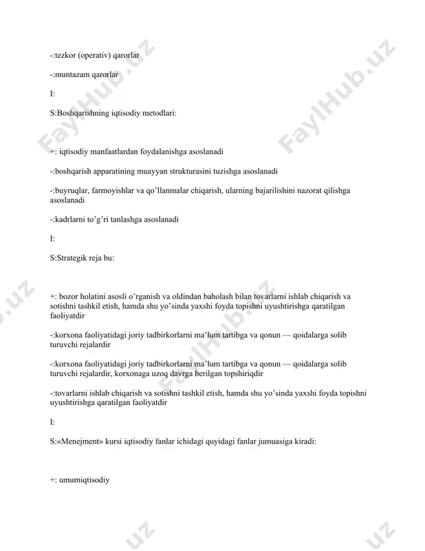 yiladigan talablar: +: ilmiy asoslangan bo’lishi, bir — biri bilan aloqadorligi, tezkor bo’lishi, samarali bo’lishi -:bir — birini to’ldiruvchi bo’lishi -:samarali bo’lishi, ilgarigisiga mos kelishi -:ilmiy asoslangan bo’lishi i: s:quyidagi usullardan qay biri xodimlarga ta’sir etish bo’yicha eng unumli sanaladi: +: taqdirlash -:majburlash -:ibrat asosida -:ishontirish i: s:boshqaruv funksiyasi deganda: +: u yoki bu ob’ektni boshqarishga oid aniq vazifalarni hal etishga qaratilgan faoliyat, korxonaning moddiy —texnika bazasini yaratishga qaratilgan faoliyat, xodimlarni korxonaning rejasini bajarishga safarbar qilishga qaratilgan faoliyat tushuniladi -:u yoki bu ob’ektni boshqarishga oid aniq vazifalarni hal etishga qaratilgan faoliyat tushuniladi -:korxonaning moddiy — texnika bazasini yaratishga qaratilgan faoliyat tushuniladi -:xodimlarni korxonaning rejasini bajarishga safarbar qilishga qaratilgan faoliyat tushuniladi i: s:boshqarish strukturasi deganda: +: boshqarish maqsadlarini amalga oshiruvchi va funksiyalarini bajaruvchi, bir — biri bilan bog’langan turli boshqaruv organlari va bo’g’inlarining majmuasi, boshqaruv organlari tizimida quyi organlarning yuqori organlarga bo’ysunishi va ular o’rtasidagi o’zaro aloqa tushuniladi -:boshqaruv organlari tizimida …