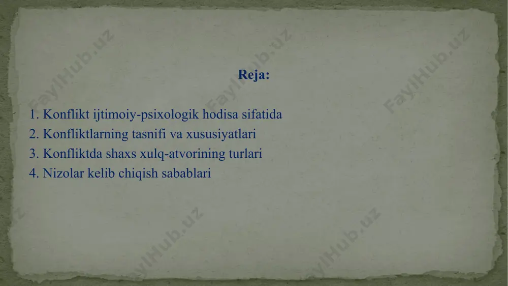 lish. konflikt ijtimoiy-psixologik hodisa sifatida rus konfliktologiyasida ko'pchilik ta'riflar aniq sotsiologik xususiyatga ega. a.g. zdravomyslov quyidagi ta'rifni beradi: "konflikt jamiyatdagi odamlar o'rtasidagi o'zaro munosabatlarning eng muhim jihati, ijtimoiy borliqning o'ziga xos hujayrasidir. bu ijtimoiy harakatning potentsial yoki dolzarb sub'ektlari o'rtasidagi munosabatlar shakli bo'lib, uning motivatsiyasi qarama-qarshi qadriyatlar va me'yorlar, manfaatlar va ehtiyojlar bilan belgilanadi. qarama-qarshilik - qarama-qarshi qadriyatlar, normalar, manfaatlar va ehtiyojlar tufayli yuzaga keladigan o'zaro ta'sir shakli. inson faoliyatining turli sohalarida turli darajadagi nizolar uchun maqbul bo'lgan mojaroning eng umumiy nazariy ta'rifini shakllantirishga urinish n.v. grishina. ko'pgina xorijiy va rus konfliktologlarining ta'riflarini tahlil qilib , u uning ta'rifini quyidagicha shakllantirdi: "... konflikt ikki qutbli hodisa sifatida namoyon bo'ladi - ikki tamoyil o'rtasidagi qarama-qarshilik, qarama-qarshilikni bartaraf etishga qaratilgan tomonlarning faoliyatida namoyon bo'ladi va nizo tomonlari faol sub'ekt (sub'ektlar) tomonidan ifodalanadi." ushbu atamaning keyingi rivojlanishi va qo'llanilishi, uning fikricha, qarama-qarshilik yuzaga keladigan mavjudlik va bilim sohalari, qarama-qarshi tomonlarning tabiati, ularning o'zaro …