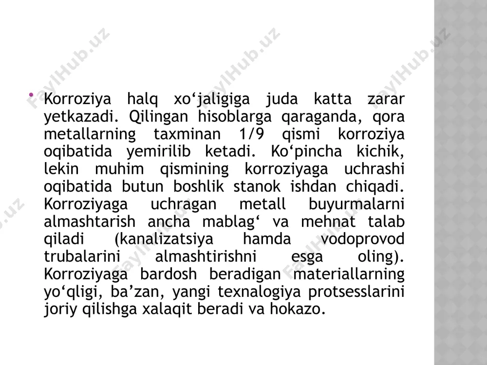 hi bilan bog‘liqligini ko‘rib o‘tdik. shunday ekan korroziya tezligi elektr tokining miqdoriga to‘g‘ri proporsionaldir. elektor tokining miqdori esa element qutblaridagi potensiallar ayirmasiga proporsional bo‘ladi. shuning uchun, qutblanish (qutblovchi moddalar) elektroximiyaviy korroziyani susaytiradi, aksincha, yuqorida kislorod misolida ko‘rib o‘tilganidek, qutbsizlantiruvchi moddalar korroziyani tezlashtiradi. metallarni korroziyadan saqlash usullari so‘ngi vaqtlarda korroziyaga qarshi olib borilayotgan kurash usullaridan biri metall o‘rniga yuqori polimer moddalar ishlatishdir. bu tadbirning tobora taraqqiy qilishiga qaramay, xalq xo‘jaligida qora metallar hali uzoq vaqt ishlatilishi turgan gap. shuning uchun, mettallarni korroziyadan saqlash masalasi muhim masalalardan biri bo‘lib qoladi. korroziyaga qarshi kurash usullarining hammasi metall yuzalarini elektrolit muhitdan ajratish va elektr tokini kamaytirishga asoslangan. biz bu usullarning ba’zilari bilan tanishib o‘tamiz. korroziyaning borishiga oksid va gidroksidlardan iborat korroziya mahsulotlari katta qarshilik ko‘rsatadi. bu mahsulotlar metall yuzasida yupqa parda hosil qiladi. bu parda metallni yanada korrozilanishdan saqlab qoladi. oksid yoki gidroksid pardalarning korroziyadan saqlash rolini v.a.kistyakovskiy yaxshi tekshirgan. masalan, alyuminiy temirga qaraganda …