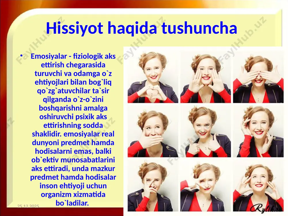 adi. ular jumlasiga kayfiyatlar, affektlar (qattiq hayajonlanish), hirslar, frustrasiya, stressli holatlar kiradi. kayfiyat - zaif yoki o`rtacha kuchga ega bo`lgan va odatda ancha barqaror emosional holatdir. frantsuz yozuvchisi mopassan bunday degan edi: "bizning vaqti chog`ligimizni qayg`uga, laqmaligimizni azobga aylantiradigan o`sha sirli ta`sirlar qaerdan kelib chiqadi? men juda xursand bo`lib o`yg`onaman, qo`shiq aytgim keladi. buning sababi nima? daryo bo`ylab pastga tushaman va unchalik ko`p sayr qilmay, to’satdan uyga g`amgin bo`lib qaytaman, guyo uyda meni qandaydir falokat kutayotgandek. buning sababi nima?". bu avtorga sababsiz bo`lib tuyulgan tipik kayfiyatning namunasidir. affekt - tez paydo bo`ladigan, nihoyat darajada kuchli, g`oyat jushqinlik bilan o`tadigan qisqa muddatli emosional holat. masalan, birdaniga achchiqlanish, g`azablanish, to`satdan qo`rqish. bu paytda odam o`zini boshqara olmay qoladi. affektiv holatning paydo bo`lishi miya pustlog`ida kuchli qo`zg`alish manbaining vujudga kelishi bilan bog`liqdir. buning natijasida tormozlanish jarayonlari sussayadi va katta yarim sharlar po`stlog`i pustloq osti markazlaridan kelayotgan shiddatli impul’slar oqimini nazorat qilish, bostirish imkoniga …