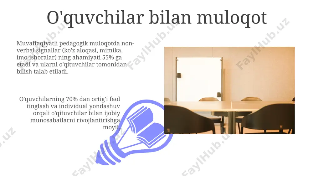 ilimlar va ko'nikmalar pedagogik psixologiya va didaktika bo‘yicha chuqur bilim, 3 yildan ortiq amaliy tajriba va kamida 10 ta turli yoshdagi o‘quvchilar bilan ishlash ko‘nikmalari kasbiy malakani belgilaydi. kasbiy bilimlar pedagogik texnologiyalarni qo‘llash, o‘quv rejalari va dasturlarini 5 ta turli usulda tahlil qilish hamda o‘quv jarayonini samarali tashkil etish ko‘nikmalarini o‘z ichiga oladi. zamonaviy ta'lim tendentsiyalari ta'limning individualizatsiyasi va differensiatsiyasi 30% dan ortiq o'quvchilarga moslashtirilgan ta'lim yondashuvi sifatida joriy etilib, o'qituvchidan yuqori darajada moslashuvchanlikni talab qiladi. o'qituvchilarning professional kompetensiyasini baholashda 5 ta asosiy mezon qo'llaniladi, jumladan, pedagogik mahorat, innovatsion texnologiyalardan foydalanish, o'quvchilarda 21-asr ko'nikmalarini rivojlantirish va o'z-o'zini rivojlantirish. ota-onalar bilan hamkorlik 01 02 ota-onalar bilan hamkorlikda shaxsiylashtirilgan yondashuvni qo'llash orqali, 5-10% o'quvchilarning o'qishga bo'lgan qiziqishini oshirish va ularning akademik ko'rsatkichlarining yaxshilanishiga erishish mumkin. sales 1st qtr 2nd qtr 100 0 sales 1st qtr 2nd qtr 100 0 pedagogik mahorat pedagogik mahoratni rivojlantirish uchun kamida 30 soatlik malaka oshirish kurslari va …