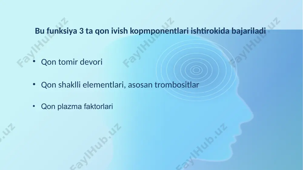 aktivlanadi. to'qima hujayralaridan fosfolipoproteid chiqib, (to'qima tromboplastini), ca2+yordamida faktor vii ni aktivlaydi. u esa fosfolipoproteid, ca2+ bilan faktor xa aktivlaydi, keyin u to`qima protominazasini aktivlaydi. 2) ichki yo'l bir necha minutdan keyin aktivlanadi. boshlang'ich omil faktor xii, ikki usulda aktivlanadi: a) shikastlangan tomir subendoteliy kollageni qon yoki yot jism bilan kontaktda bo'lishi natijasida jarayon aktivlanadi. b) proteolitik fermentlar ( kallikrein, trombin, tripsin) tomonidan xageman (xii)omilini aktivlanishi. koagulyasiya fazasi ikki etapda kechadi. 1) trombin ta'sirida fibrinogendan, 4 ta eruvchi monomerli fibrin hosil bo'adi ( ikkitadan alfa va beta peptid)xar birining ikkitadan bo`sh bog`lari bor 2) monomerlar bir-biri bilan bog'lanib, polimer hosil qiladi, bundan fibrin tolalari xosil bo'ladi. qaytmas polimerizasiya fibrin stabillovchi faktora xiii va ca2+ta'sirida bo'ladi. 21 ikkilamchi gemostazni tekshirish usullari 23 qon ivish vaqtini uzayishi sabablari: 1. plazma omillarini yetishmovchiligida; 2. protrombin defisiti; 3. fibrinogen defisiti; 4. qonda ivish ingibitorlari bo'lishi, jumladan geparin. 25 turli klinik ko’rinishlarda qon ketishining xarakterini …