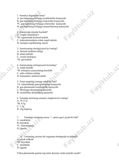 anemiya haqida test savollari — DOC
