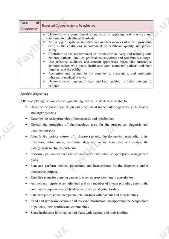 ofessional practice. · respond to the needs of the communities or patient populations they serve by advocating with them for system-level change · engage in the continuous enhancement of their professional activities through ongoing learning · critically evaluate the integrity, reliability, and applicability of health-related research and literature · demonstrate a commitment to patients and society by applying best practices and adhering to high ethical standards themes and list of the courses with their shares of the theme the competency based integrated modular medical curriculum can be categorized into six longitudinally integrated competency domains which scaffold the important professional competencies students acquire during and after completion of the program. these are internal medicine pediatrics and child health, surgery, gynecology and obstetrics, mental health and medical ethics, and public health. this approach to thematize the courses for doctor of medicine program is based on the frameworks most faculty are accustomed to …