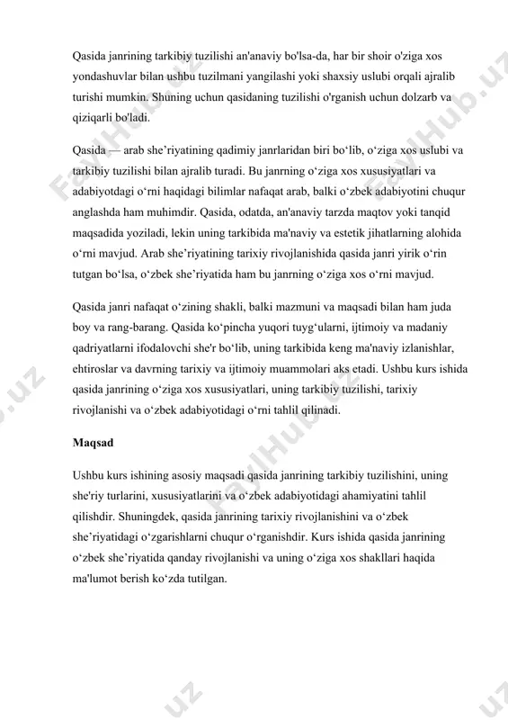 . bu manbalar orqali qasidaning badiiy qadriyatlari, uning tarkibiy tuzilishi va estetik ahamiyati haqida keng ma'lumotlar olish mumkin. kurs ishining maqsadi qasidaning mazmuniy va badiiy jihatlarini aniqlash, uning arab va o‘zbek adabiyotlaridagi rivojlanishini tahlil qilish, shuningdek, qasidaning o‘zbek she’riyatidagi o‘rni va uning bugungi zamonda qanday aks etayotganini ko‘rsatishdir. shu asosda ishda qasidaning tarixiy va badiiy jihatlari, uning adabiyotdagi o‘rni va bugungi kunda qanday davom etayotgani to‘liq o‘rganiladi. i.bob. qasida janrining adabiyot shunoslikdagi o`rni 1.1. q asida janrining tarixiy ildizlari antiq davr mavzusi adabiyotshunoslikda o‘ta muhim o‘rin tutadi, chunki qasida janri qadimdan mavjud bo‘lib, uning ildizlari aniq bir davrga bog‘liq. bu janr o‘zining shakl va mazmuni jihatidan ko‘plab tarixiy va madaniy o‘zgarishlarni o‘zida aks ettirgan. antiq davr (qadim davr)da, xususan, yaqin sharq, gretsiya va rimda qasida janrining o‘ziga xos shakllari paydo bo‘ldi va rivojlandi. quyida qasida janrining tarixiy ildizlarini antiq davridan boshlanib, uning qanday shakllanganini va rivojlanganini ko‘rib chiqamiz. antiq davrda …