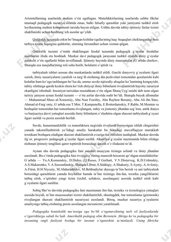 hamda malakalarni shakllantirishga xizmat qiladi. ta’lim, shuningdek, turli darajadagi ta’lim dasturlarini amalga oshirishiga ko’ra maktabgacha ta’lim, umumiy o’rta ta’lim, o’rta maxsus, kasb-hunar ta’limi, oliy ta’lim, oliy o’quv yurtidan keyingi ta’lim, kadrlar malakasini oshirish va ularni qayta tayyorlash hamda maktabdan tashqari ta’lim kabi turlarga bo’linadi. tarbiya nazarivasi— pedagogikaning muhim tarkibiy qismlaridan biri bo’lib, tarbiya jarayoni mazmuni, shakl, metod, vosita va usullari, uni tashkil etish muammolarini o’rganadi. tarbiya muayyan, aniq maqsad hamda ijtimoiy-tarixiy tajriba asosida yosh avlodni har tomonlama o’stirish, uning ongi, xulq-atvori va dunyoqarashini tarkib toptirish jarayonidir. ijtimoiy tarbiya aqliy, axloqiy, jismoniy, mehnat, estetik, iqtisodiy, huquqiy, ekologik va jinsiy tarbiya kabi yo’nalishlarda tashkil etiladi. ijtimoiy tarbiya va uning bosqichlari. insoniyatning yashash uchun kurashish va turli tabiiy ofatlardan himoyalanish yo’lida olib borgan harakatlari tarbiya g`oyalarining shakllanishiga asos bo’lib xizmat qilgan. ibtidoiy jamoa tuzumida odamlarning guruh-guruh bo’lib hayot kechirishi sababli bolalarga tirikchilik o’tkazish yo’lidagi faoliyat (o’simlik mevalari, ildizlarini terish, hayvonlarni ovlash)ni tashkil etish …