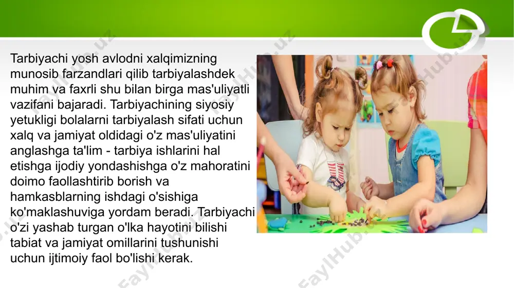 poydevoridir” nomli ma’ruzasidagi nutqidan 8. mirziyoyev sh.m. “yoshlar – o’zbekistonning eng katta boyligi, bebaho xazinasi” 2020-y o‘zbekiston respublikasi prezidentining «2017 — 2021 yillarda maktabgacha ta’lim tizimini yanada takomillashtirish chora-tadbirlari to‘g‘risida». 2016 yil 29 dekabr pf - 2707 –sonli qarori. e’tiboringiz uchun rahmat image3.jpeg image4.jpeg image5.jpeg image6.jpeg image7.jpeg image1.jpeg /docprops/thumbnail.jpeg