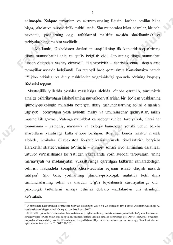 g‘risida»gi farmoni va 2016 yil 14 sentabrdagi о‘rq–406- son «yoshlarga oid davlat siyosati tо‘g‘risida»gi qonunida belgilangan vazifalarni amalga oshirish uchun xizmat qiladi. bitiruv malakaviy ishining о‘rganilganlik darajasi: yoshlarda botil diniy tushunchalarning shakllanishining ijtimoiy- psixologik xususiyatlarini nazariy va empirik tadqiq etishni tashkil etishda, mazkur tadqiqot ishi doirasida – s.moskovichi tomonidan ishlab chiqilgan shaxsning ijtimoiy bir xilligi sifatidagi diniy bir xillik konsepsiyasi, i.s.shemetning ruhiyatga integrativ yondashuv metodologiyasi, g.olport taklif etgan dinning «kо‘p omilli» psixologik ildizlari nazariyasi, a.g.asmolov, g.l.bardiyer, g.u.soldatova kabi olimlar tomonidan ishlab chiqilgan shaxslararo munosabatlarda tolerantlikni tadqiq etishga yondashuvlar, notо‘g‘ri tushunchalarning kelib chiqishi tabiatini о‘rganishga ilmiy yondashuvlar; a.freyd, g.blyumning notо‘g‘ri tushunchalar, g.tedjfelning «ijtimoiy bir xillik nazariyasi» , notо‘g‘ri tushunchalarni ijtimoiy aks etishi nazariyasi hamda notо‘g‘ri tushunchalar rivojlanishining ijtimoiy-kognitiv nazariyasi boshlang‘ich nazariy-uslubiy asos qilib olindi. mahalliy darajada ma’naviyatni rivojlantirishdagi ijtimoiy-psixologik yondashuvlarni о‘rganish, etnopsixologiya muammolarini aniqlash, har tomonlama uyg‘un kamol topgan shaxsni tarbiyalashga ijtimoiy omillarning ta’siri, diniy savodxonlikni oshirish masalalari bilan shug‘ullanayotgan psixolog …