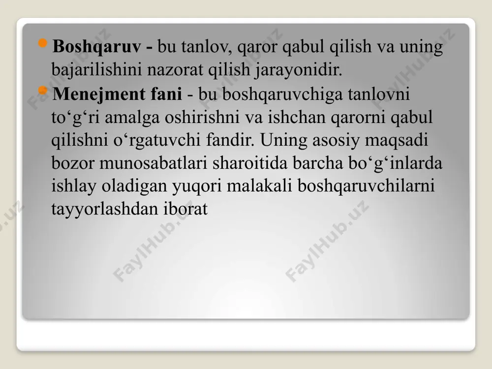 armoq):  vazirliklar va vazirlar mikrodarajada korxona (firma), korporaqiya: * jamoa kengashi va raislar, prezident xodimlar: * korxona (firma) rahbarlari, bo‘g‘in boshliqlari ishlab chiqarish: * korxona (firma) rahbarlari, bo‘g‘in boshliqlari samaradorlik: * korxona (firma) rahbarlari, bo‘g‘in boshliqlari o’z-o‘zini boshqarish: * fuqarolar yig‘ini, rais (oqsoqol) lar menejmentdan uzoq davrlardan foydalanishgan. tashkil qilingan korxonalar rejalashtirish, tashkilashtirish, rahbarlik qilish va nazorat qilishga masul odamlar tomonidan boshqarilgan, bunday faoliyat ming yillardan buyon mavjud.keling eng qiziqarli misollarga to’xtalaylik. misr piramidalari va buyuk xitoy devori buning isbotidir, ular ulkan miqiyosdagi loyiha bo’lib, minhlab yollangan ishchilar ularni qadimda barpo etganlar. bitta piramidani qurish uchun 100000 ishchi qatnashib, 20 yil vaqt ketgan piramida qurish uchun qancha toshlar yetarli bo‘lishi, ishchilarni ishlab turishlari uchun kim ishontirgan? javobi-bu boshqaruvchilardir. kimdir nima ish qilinishi kerakligini rejalashtirgan, odamlarni yollagan, materiallarni rejalashtirgan, yollangan ishchilarni ish bajarilishigaishontirgan hamda barcha ish rejalashtirilgandek ketayotganini nazorat qilgan. yana bir misol, bu venetsiya shaxridir. venetsiya 1400 yillarda asosiy …