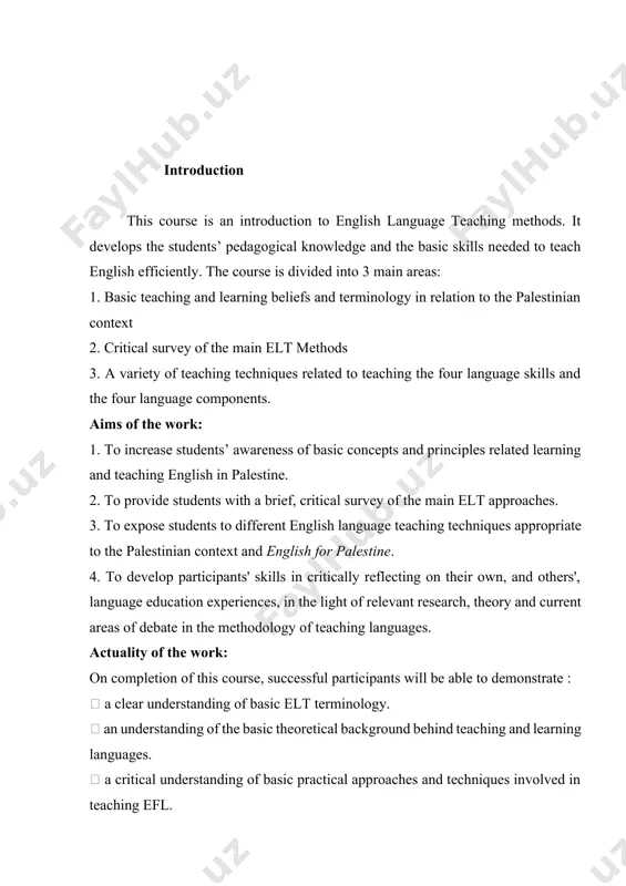 the ability to reflect critically on learning experiences on the course and relate them to educational contexts.2 subject of the work: introduction to elt: basic beliefs & concepts main elt methods and approaches 1. grammar translation method 2. direct method 3. audio-lingual approach 4. cognitive code approach 5. humanistic approaches (cll, silent way, suggestopedia and tpr) 6. the communicative approach teaching techniques how to teach listening how to teach speaking how to teach reading how to teach writing how to prepare lesson plans task of the work: teaching methodology  active participation in class  whole class discussion  pair and group work  giving presentations an analysis and evaluation of a book of choice, focusing on its approach to the teaching of the four language skills. length required: 1000 words preparing a plan for a 45 minute lesson, focusing on the teaching of a specific language skill taken from …