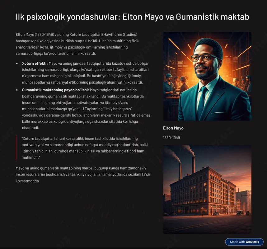 moutonning boshqaruv panjarasi robert blake (1918-2004) va jane mouton (1930-1987) "boshqaruv panjarasi" (managerial grid) modelini ishlab chiqdilar. bu model liderlik uslubini ikki o»lchov asosida baholaydi: odamlarga yo»nalganlik (concern for people) va ishlab chiqarishga yo»nalganlik (concern for production). ular beshta asosiy liderlik uslubini aniqladilar, masalan, "guruh boshqaruvi" (team management) eng samarali uslub deb hisoblangan, chunki u ham odamlarga, ham ishlab chiqarishga yuqori darajada e¾tibor qaratadi. bu nazariyalar liderlikning murakkabligini va uning turli jihatlarini tushunish uchun muhim asos bo»lib xizmat qiladi. ular rahbarlarga o»z liderlik uslublarini baholash va samaradorligini oshirish bo»yicha amaliy tavsiyalar beradi. https://gamma.app/?utm_source=made-with-gamma tashkiliy madaniyat va psixologiya: edgar schein ta'limotlari edgar schein 1928-2023 edgar schein (1928-2023) 3 tashkiliy madaniyat sohasidagi yetakchi mutaxassislardan biri bo»lib, uning ishlari tashkilotlarning ichki muhiti va psixologik dinamikasini tushunishda inqilob qildi. schein tashkiliy madaniyatni uchta asosiy darajaga bo»lib tushuntirgan: artefaktlar (artifacts): madaniyatning eng yuzaki va ko»rinadigan qatlami. bularga ofis dizayni, kiyinish kodi, texnologiyalar, marosimlar, hikoyalar va …