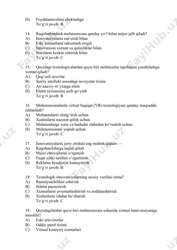 eklama byudjetini kamaytirish to‘g‘ri javob: b 18. texnologik innovatsiyalarning asosiy vazifasi nima? a) rasmiyatchilikni oshirish b) sifatni pasaytirish c) xizmatlarni avtomatlashtirish va soddalashtirish d) xodimlarni ishdan bo‘shatish to‘g‘ri javob: c 19. quyidagilardan qaysi biri mehmonxona sohasida xizmat innovatsiyasiga misoldir? a) eski televizorlar b) oddiy parol tizimi c) virtual konsyerj xizmatlari d) qog‘ozli ro‘yxatga olish kitobi to‘g‘ri javob: c 20. innovatsion yondashuvning samaradorligini qanday baholash mumkin? a) xodimlarning shikoyati orqali b) mehmonlar sonining kamayishi orqali c) mijozlar fikri va moliyaviy ko‘rsatkichlar asosida d) mehmonxona eski ko‘rinishi orqali to‘g‘ri javob: c 21. smart texnologiyalar yordamida nimaga erishiladi? a) xonalarni qo‘lda boshqarishga b) xizmatlarning kechikishiga c) energiya tejalishi va qulaylikning oshishiga d) faqat narxlar oshishiga to‘g‘ri javob: c 22. rfid texnologiyasi mehmonxonada qaysi jarayon uchun ishlatiladi? a) ovozli eslatmalar b) wi-fi ulanish c) kirish va xavfsizlik nazorati d) video yozuvlar uchun to‘g‘ri javob: c 23. xizmat ko‘rsatish jarayonini innovatsion tarzda avtomatlashtirish qanday afzallik …