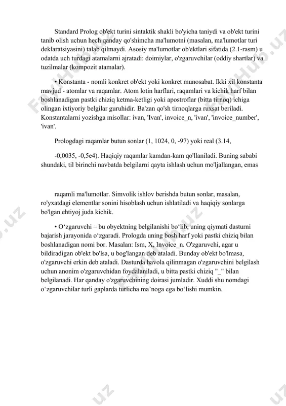 -0,5e4). haqiqiy raqamlar kamdan-kam qo'llaniladi. buning sababi shundaki, til birinchi navbatda belgilarni qayta ishlash uchun mo'ljallangan, emas raqamli ma'lumotlar. simvolik ishlov berishda butun sonlar, masalan, ro'yxatdagi elementlar sonini hisoblash uchun ishlatiladi va haqiqiy sonlarga bo'lgan ehtiyoj juda kichik. • o‘zgaruvchi – bu obyektning belgilanishi bo‘lib, uning qiymati dasturni bajarish jarayonida o‘zgaradi. prologda uning bosh harf yoki pastki chiziq bilan boshlanadigan nomi bor. masalan: ism, x, invoice_n. o'zgaruvchi, agar u bildiradigan ob'ekt bo'lsa, u bog'langan deb ataladi. bunday ob'ekt bo'lmasa, o'zgaruvchi erkin deb ataladi. dasturda havola qilinmagan o'zgaruvchini belgilash uchun anonim o'zgaruvchidan foydalaniladi, u bitta pastki chiziq "_" bilan belgilanadi. har qanday o'zgaruvchining doirasi jumladir. xuddi shu nomdagi o‘zgaruvchilar turli gaplarda turlicha ma’noga ega bo‘lishi mumkin. mavzu:26.prolog-dasturlarida qirqishdan foydalanish va pie rivojlanish muhit va swi-prolog tizimi ishlash usuli. reja: 1. prolog-dasturlarida qirqishdan foydalanish. 2. pie rivojlanish muhit va swi-prolog tizimi ishlash usuli. prolog-dasturlarida qirqishdan foydalanish. azizillo - bu prolog-dagi maxsus mexanizm …