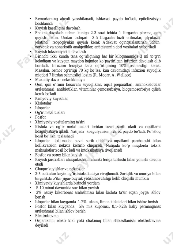8-10% kuyganda kuyish kasalligi rivojlanadi • kuyish kasalligi 1-2 kun davom etgan kuyish shokidan keyin rivojlanadi. shokning erektil fazasi erkin kechadi. ko’p miqdordagi retseptorlarni kuyishi natijasida o’lim xolati bo'ladi • kuyish toksemiyasi • kuyishning 2-3-sutkasida kuchayadi va 1-2-hafta davom etadi. • to'qima va a'zolarning (jigar, buyrak) gipo-anoksiyasi rivojlanadi. • qoh hajmi va organizmda suv miqdorini kamayishi anuriya va uremiyaga olib keladi. • gemorragik va eroziv gastrit, oshqozon ichak traktining o’tkir yaralari va ulardan qon ketish kuzatiladi • septik (septikotoksemik) bosqich • kuyish kasalligining 2-3-haftasida rivojlanadi. • jigar-buyrak yetishmovchiligi, suvsizlanish, atsidoz, gipoproteinemiya kuchayadi. oksidlanish protseslari buziladi. • bemor qonida mikroblar paydo bo'ladi • rekonvalessensiya bosqichi • kuyish kasalligini yaxshi kechishi bilan rekonvalessensiya bosqichi boshlanadi. boshlanish muddati kuyish chuqurligi va maydoniga bog’liq. • bemorlarning ahvoli yaxshilanadi, ishtaxasi paydo bo'ladi, epitelizatsiya boshlanadi • kuyish kasalligini davolash • shokni davolash uchun kuniga 2-3 soat ichida 1 litrgacha plazma, qon quyish lozim. undan tashqari 3-5 …