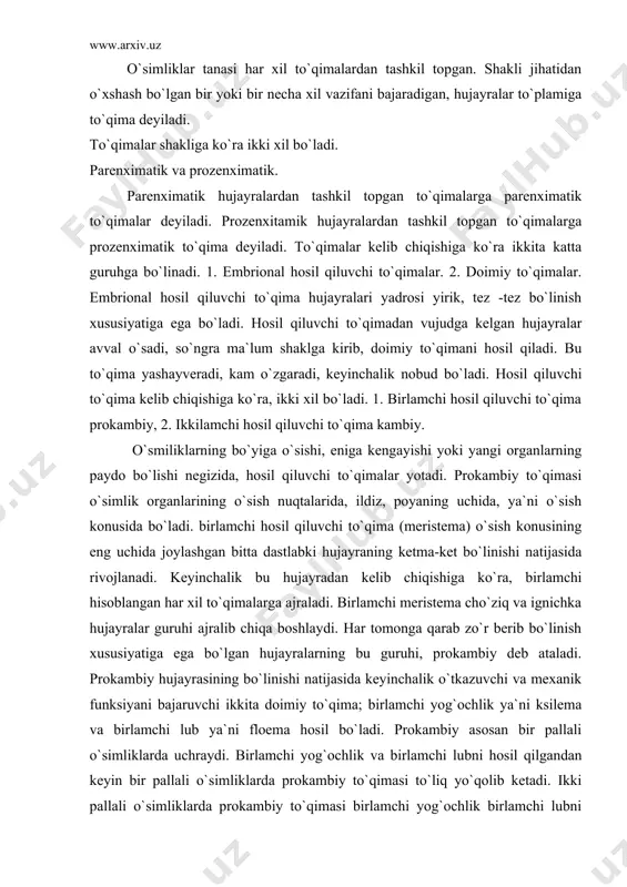 vchi ikkita doimiy to`qima; birlamchi yog`ochlik ya`ni ksilema va birlamchi lub ya`ni floema hosil bo`ladi. prokambiy asosan bir pallali o`simliklarda uchraydi. birlamchi yog`ochlik va birlamchi lubni hosil qilgandan keyin bir pallali o`simliklarda prokambiy to`qimasi to`liq yo`qolib ketadi. ikki pallali o`simliklarda prokambiy to`qimasi birlamchi yog`ochlik birlamchi lubni hosil qilib o`zi yo`qola boradi. yo`qolib borayotgan bir qismi prokambiy qayta bo`linib, ko`payishdan kambiy to`qimasi vujudga kela boshlaydi. kambiy to`qimasi lub va yog`ochlikning o`rtasida joylashib keyinchalik u o`zidan tashqariga ikkilamchi lubni, o`zidan ichkariga ya`ni markazga qarab ikkilamchi yog`ochlikni hosil qiladi. shuning uchun ikki pallali o`simliklarning o`q qismi yo`g`onlashadi. yillik xalqalar kambiy to`qimasifaoliyati tufayli hosil bo`ladi. alohida qoplovchi to`qima po`kak hosil qiluvchi po`kak kambiysi ham ikkilamchi hosil qiuvchi to`qimaga kiradi. o`simliklarda hosil qiluvchi to`qima joylashgan o`rniga ko`ra; uchki tepa apikal meristema. 2. interkalyar mersitema. 3. yon loterial meristema. 4. yara meristema. tepa meristema vegetativ novdada va gul novda hosil qiluvchi hamda ildiz uchki meristemalariga bo`linadi. …