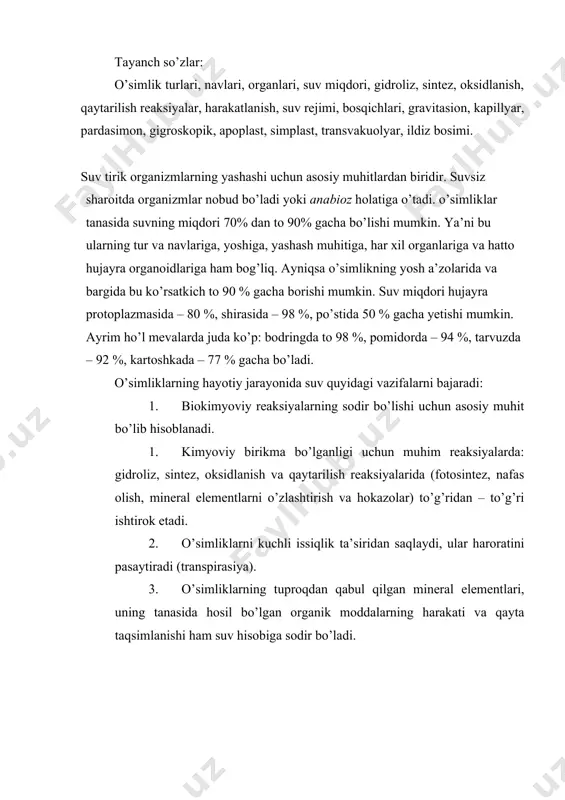 iz suv almashinish jarayoni sodir bo’lib turadi. bunday jarayonga o’simliklarning suv rejimi deyiladi va u uch bosqichdan iborat: 1) suvning ildiz tomonidan shimilishi, 2) o’simlik tanasi boylab harakati va taqsimlanishi, 3) barglar orqali bug’lanishi – transpirasiy. bu bosqichlarning har biri bir qancha jarayonlarni o’z ichiga oladi. o’simliklar suvga bo’lgan talabning juda oz qismini yer o’sti a’zolari (asosan barglari) orqali ta’minlaydilar. bu asosan yog’ingarchilik va havo namligi yuqori bo’lgan davrlardagina yuz berishi mumkin. normal o’sish va rivojlanishni ta’minlaydigan asosiy suv miqdori tuproqdan ildiz sistemasi orqali olinadi. tuproqdagi suv formalari. tuproqdan suv olish uchun o’simlik ildiz hujayralarining so’rish kuchi tuproq eritmasining so’rish kuchidan birmuncha yuqori bo’lishi shart. chunki tuproqda bunday so’rishga qarshilik qiluvchi kuchlar mavjudki, ular suvni ushlab turuvchi kuchlar deyiladi. odatda, tuproq tarkibida suv toza emas, balki ma’lum konsentrasiyali eritma holida bo’ladi. eritmaning konsentrasiyasi tuproqdagi suvda eruvchi tuzlar va boshqa moddalarning miqdoriga bog’liq. 1. gravitasion suv – suv bilan to’ldirilgan va …