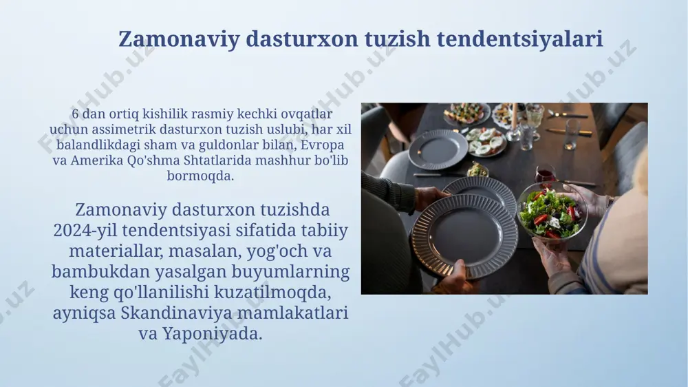y taom) qo'yiladi. gullar va shamchalarni joylashtirish gullarni stolning markaziga, balandligi 25-30 sm bo'lgan vazaga qo'yish, 3-5 dona guldan foydalanish samarqand uslubidagi dasturxon uchun maqbuldir. xorazm viloyati an'analariga ko'ra, past bo'yli, 10-15 sm balandlikdagi shamchalarni stolda 2 ta qarama-qarshi tomonga, har biriga 3 tadan qo'yish va ularni gul barglari bilan bezash tavsiya etiladi. qoshiq, pichoq va vilkalarni joylashtirish uzbekistanning ba'zi hududlarida, masalan, samarqandda, an'anaviy dasturxonlarda pichoqlar qoshiqlarning chap tomoniga, vilkalar esa o'ng tomoniga joylashtiriladi, bu esa 2 ta asosiy asbobni joylashtirishning o'ziga xos uslubidir. zamonaviy restorantlarda, toshkentdagi yuqori darajadagi restoranlarda, 3 ta pichoq (baliq, asosiy taom, salat uchun) va 2 ta vilka (salat va asosiy taom uchun) joylashtirilishi odatiy hol hisoblanadi, bu esa mehmonlarga turli xil taomlarni qulay iste'mol qilish imkonini beradi. turli xil taomlarga mos dasturxon farg'ona vodiysidagi 10 kishilik oilaviy to'y ziyofatida, 6 dan ortiq turdagi idishlar va 15 dan ortiq turdagi taomlar uchun moslashuvchan dasturxon qo'llaniladi, bu …