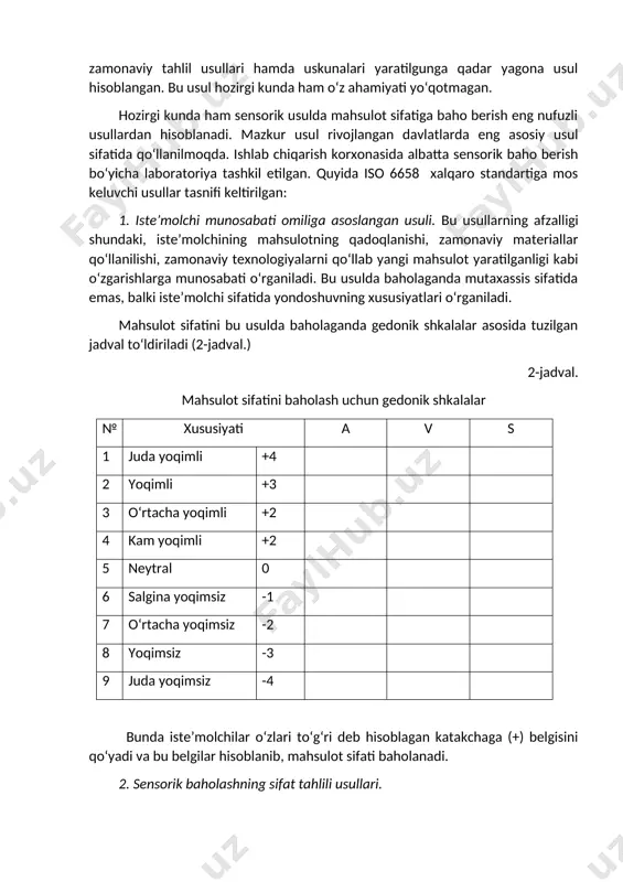 ’sir qiladi va o‘z navbatida anglashilgan ozuqa riski shunday psixologik tushunishlarning biridir. oziq-ovqat sifati va ularning riski rostdan ham tanganing ikki tomoni va bir – biri bilan bog‘liqdir. shunga o‘zshab biz ob’ektiv ozuqa riskini sub’ektiv ozuqa riskidan farqlay olamiz. oziq-ovqat riski ham ko‘ptarmoqli tushuncha. u moliyaviy, psixologik, ijtimoiy, vazifali, fizik va vaqtga bog‘liq komponentlarni o‘z ichiga qamrab oladi. moliyaviy ozuqa riski daromadni yo‘qotib qoyish bilan bog‘liqdir.[footnoteref:2] [2: dominique valentin, sylvie chollet, sébastien lê, dzung hoang nguyen, & hervé abdi from senses to quality: what can sensory evaluation bring to quality control, vietnam, 2014 year. р 2-3. ] mahsulot sifatiga sensorik (organoleptik) baho berish tahlil qilishning eng qadimiy usuli hisoblanadi. bu usul yillar davomida qo‘llanilib, shakllanib kelgan va zamonaviy tahlil usullari hamda uskunalari yaratilgunga qadar yagona usul hisoblangan. bu usul hozirgi kunda ham o‘z ahamiyati yo‘qotmagan. hozirgi kunda ham sensorik usulda mahsulot sifatiga baho berish eng nufuzli usullardan hisoblanadi. mazkur usul …