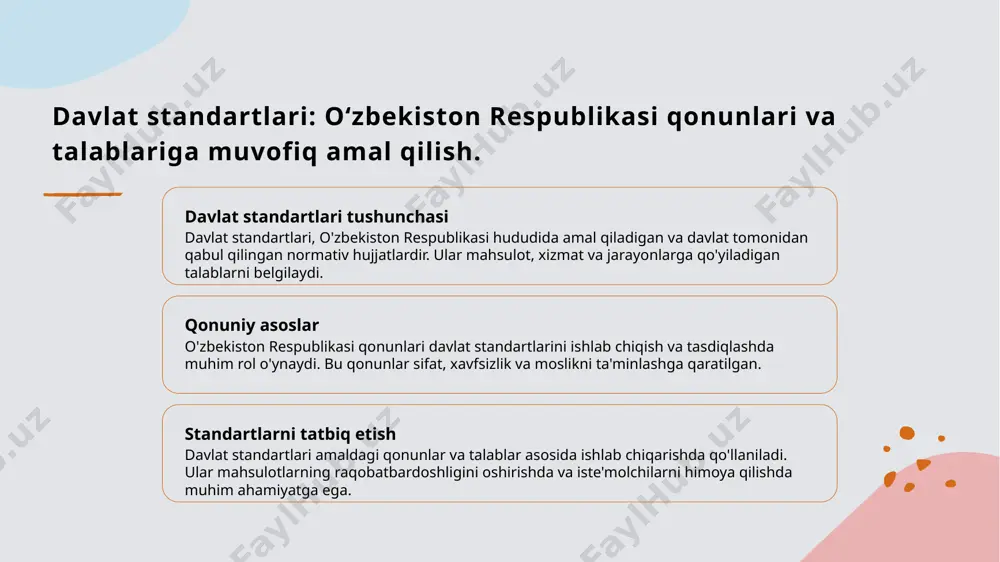 nchli va sifatli natijalarga olib keladi. texnikaviy talablar: standartlarni ro'yxatdan o'tkazishdagi muhim jihatlar. 1 texnikaviy talablar standartlarni ro'yxatdan o'tkazish jarayonida, mahsulot va xizmatlarga nisbatan qo'yiladigan texnikaviy talablar alohida ahamiyatga ega. 2 hujjatlar tayyorlash ro'yxatdan o'tkazish uchun standart 4 nusxada tayyorlanishi kerak, asl nusxa va 2 ta ko'chirma bilan birga. hujjatlar aniq va ravshan bo'lishi lozim. 3 tasdiqlash jarayoni standartlar ro'yxatdan o'tkazilganda, tashkilot rahbari imzosi va muhr bilan tasdiqlanishi zarur. bu tartib, standartning qonuniyligini ta'minlaydi. xulosa 01 standartlarning ahamiyati va roli standartlar, mahsulot va xizmatlar sifatini ta'minlashda muhim ahamiyatga ega. ular iste'molchilarni himoya qiladi va raqobatbardoshlikni oshirishga yordam beradi. 02 tasdiqlash jarayoni va talablar standartlarni tasdiqlash jarayoni hujjatlar tayyorlash va ekspertizadan o'tishdan iborat. bu jarayon sifatni ta'minlaydi va xavfsizlikni oshirishda muhimdir. 03 amal qilish muddati va nazorat standartlarning amal qilish muddati doimiy nazoratda bo'lishi zarur. bu, sifatni ta'minlash va yangiliklarni qabul qilishni rag'batlantirishga yordam beradi. foydalanilgan adabiyotlar 1. fazliddinov a. standartlar …