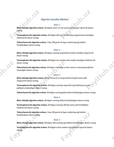 algoritm savollar biletlari — DOCX