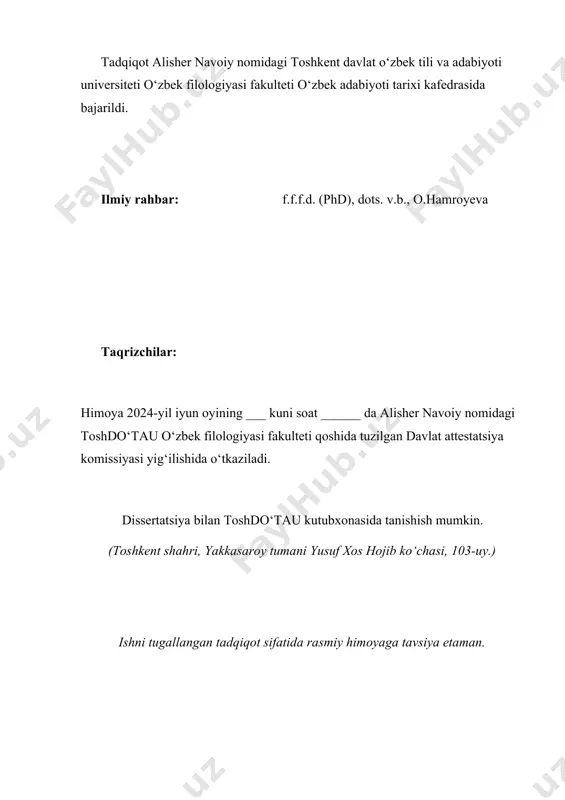 sonlariga oid qarashlari qiyosiy tadqiq etindi. “al-mo‘jam”, “funun ul-balog‘a” va “badoye us-sanoye’” asarlarida keltirilga qofiya ayblari tahlilga tortilib, ilmiy-nazariy xulosalar chiqarildi. qofiya ayblari nuqson sifatida emas, badiiy san’at sifatida qaralgani qiyosiy tadqiq jarayonida tahlil etildi. dissertatsiyada muammoning quyidagi jihatlarini yangilik sifatida qayd etish lozim: · qofiya nuqsonlari arabiy, forsiy va turkiy poetikada o‘zaro farqlangan; · mumtoz poetikaga oid tadqiqot xulosalari zamonlar osha o‘zgargan; · qofiya ayblari hozirda badiiy san’atga aylangan. o‘zbek va sharq mumtoz poetikasi, xususan, qofiya nazariyasiga oid qarashlar ilmiy muomalaga kiritilgan va mavjud manbalar haqidagi nazariy xulosa va tavsiyalardan poetika, mumtoz qofiya nuqsonlariga oid ilmiy-tadqiqot ishlarini rivojlantirishda, mavzuga doir tadqiqot va monografiyalar yaratish, adabiy aloqalar va adabiy ta’sir masalalarini o‘rganishda ilmiy nazariy manba bo‘lib xizmat qilishi mumkinligi bilan izohlandi. ilmiy rahbar: magistr: f.f.d., prof. o.hamroyeva turdiboyeva ziyodaxon abdumutal qizi ministry of higher and secondary specialized education of the republic of uzbekistan tashkent state university of the uzbek language …