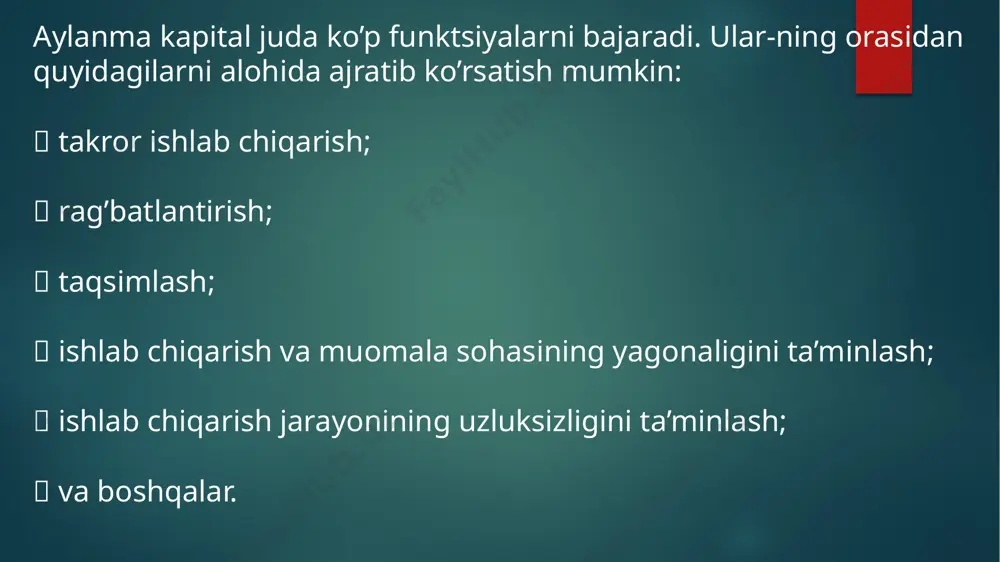 sulot zaxiralaridan tashqari muomala fondlarining barcha elementlarini qamrab oladi. aylanma kapi-talning o’lchamini optimallashtirish uchun moddiy aylanma mablag’-larning rejalashtirilishi amalga oshiriladi. 10 moddiy aylanma mablag’larni rejalashtirishning asosini normativ metodi tashkil etadi. unga ko’ra aylanma mablag’larning normativi belgilanadi, transport, sug’urta, tayyorgarlik, texnolo-gik, joriy zaxiralarni ham qo’shgan holda zaxiralar normalashti-riladi, moddiy resurslarning barcha ko’rinishlari, tugallanmagan ishlab chiqarish, ombordagi tayyor mahsulotga nisbatan xarajatlar me’yori o’rnatiladi. aylanma mablag’larni me’yorlashtirish jarayoni bir necha bosqichlardan iborat. dastlab, aylanma mablag’larning har bir elementi bo’yicha ishlab chiqarish zaxiralarining me’yori ishlab chiqiladi. ishlab chiqarish zaxiralarining me’yori ishlab chiqarish jarayonining uzluksizligini ta’minlovchi ularning ilmiy asoslangan rejali hajmidan iborat bo’lib, u eng avvalo, quyida-gilarni o’z ichiga oluvchi xyus ish sharoitiga bog’liq:  ishlab chiqarish tsiklining uzoq-yaqinligi;  ishlab chiqarishga materiallarni kiritish davri;  mol etkazib beruvchilarning uzoqligi;  mol etkazib berish partiyalarining kompleksligi yoki hajmi;  materiallar sifati;  hisob-kitoblar tizimi;  va boshqalar. 12 me’yor me’yorlashtiriladigan moddiy resurslarga (ularning har bir …