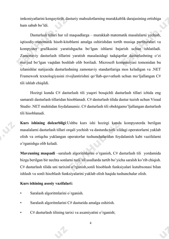 tli birlashtirgan birinchi strukturaviy til bo‘ldi. uning bo‘lishi mumkin bo‘lgan xatolar mas’uliyatini tilga emas dastur tuzuvchi zimmasiga yuklaydigan prinsiplar bilan inobatga olgan holda sintaksisdan foydalanishdagi qisqalik va osonlik kabi xususiyatlari tezda ko‘plab tarafdorlarini topdi. bugungi kunda biz mazkur sifatlarni o‘z o‘zidan anglashiladigan deb hisoblaymiz, lekin c da birinchi marotaba dastur tuzuvchiga zarur bo‘lgan ajoyib yangi imkoniyatlar mujassamlashtirilgan. natijada 1980 yillardan boshlab c strukturaviy dasturlash tillari orasida eng ko‘p foydalaniladiganlaridan biri bo‘lib qoldi. biroq, dasturlashning rivojlantirish choralariga ko‘ra bundanda kattaroq dasturlarni qayta ishlash muammosi kelib chiqmoqda. loyiha kodi ma’lum bir hajmga yetgan zahoti (uning raqamli ahamiyati dastur, dastur tuzuvchi, foydalanilgan instrumentlarga bog‘liq bo‘ladi, lekin taxminan 5000 satr kodlari nazarda tutilayapti) c-dasturlarini tushunish va kuzatib borishda qiyinchiliklar yuzaga keladi. c# tilining vujudga kelishi. garchi java tili dasturlarni bir platformadan boshqasiga o‘tkazishning ko‘plab muammosini hal qilgan bo‘lsa ham, zamonaviy internet-muhitida samarali ishlashi uchun unga bir qator xossalar yetmayapti, ulardan biri bir qancha kompyuter …
