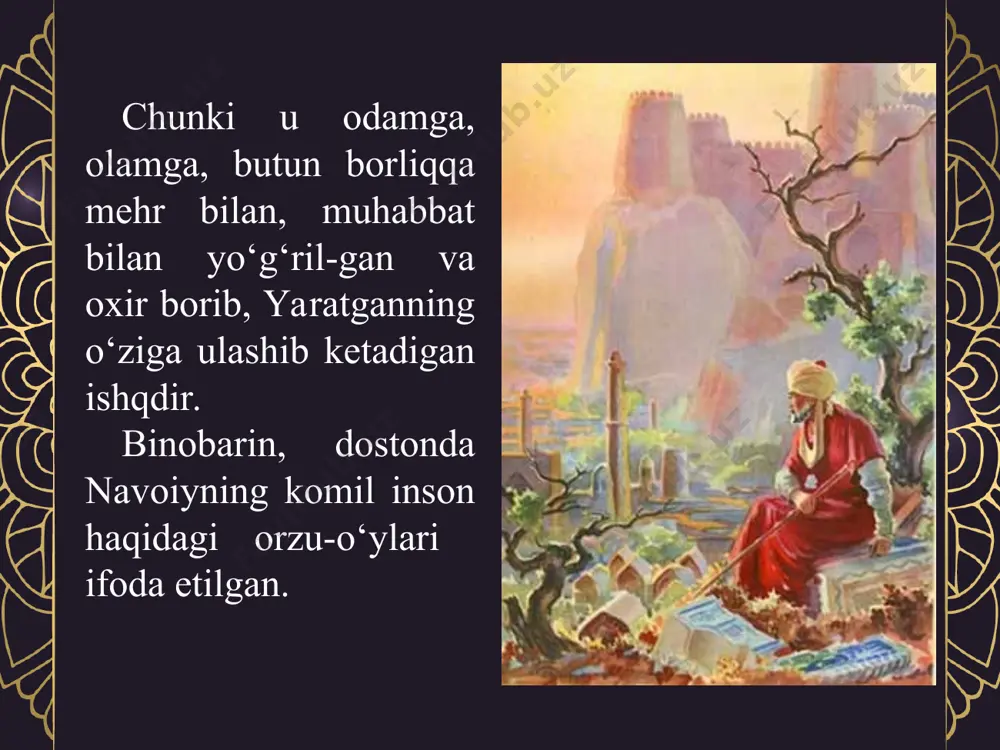 a! ayon holingda ko‘p-ko‘p bul’ajabliq, ajabdin ham ajab ranj-u taabliq. ne sen o‘xshab jahonda bir kishiga, ne qilg‘an ishing o‘xshar el ishiga. bu ishkim, biz demay bunyod etibsen, bag‘oyat ko‘nglimizni shod etibsen. bo‘lur erduk husuli ichra ojiz, hunar ermas, ko‘lung ko‘rguzdi mo‘jiz. agar yuz qarn uzroyin bo‘loli, netib bir kunchilik uzring qo‘loli. ishing uzrida yuz bizdek o‘tong‘ay, ne bizdin, tengridin ollingg‘a yong‘ay” dedi: “jonparvar anfosingdin o‘ldum, unungdin umr ranjidin qutuldum. ne anglaykim, qayu mahro‘ ekansen, ichim qon aylagan senmu ekansen?! meni g‘urbat aro bechora etkan, diyor-u mulkdin ovora etkan, chiqib jonim unungdin bo‘lg‘ach ogoh, yuzungni ko‘rmay o‘ldum oh, yuz oh!” aningdek oh to‘fonin chiqordi ki, mahvashning niqobi yelga bordi. ko‘rungach ul jamoli olamoro, aning matlubi bo‘ldi oshkoro. hamul erdiki, maftun bo‘lmish erdi, ko‘rib ko‘zguda majnun bo‘lmish erdi. birovkim aks ko‘rgach hushi ketsa, o‘zin ko‘rgach, netong, jon tarkin etsa. birovkim bo‘lsa mayning zikridin mast, netong, ichkanda bo‘lsa yer uza past. chu …