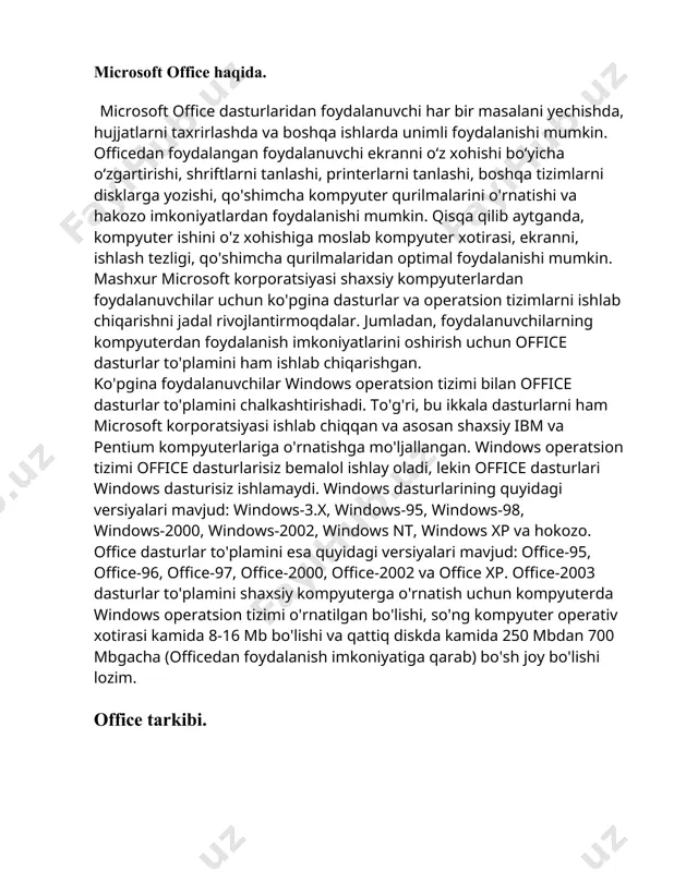 texnik diagrammalar bilan ishlovchi dastur. · muqobil dasturlar: libreoffice draw, openoffice.org draw, yed grapth editor. · microsoft project — loyihalar bilan ishlovchi dastur. · microsoft query — ma'lumotlar omboridan ma'lumot oluvchi va ko'rib chiquvchi dastur. · microsoft onenote — qaydnomalar yozish uchun mo'ljallangan dastur. · microsoft groove — birgalikdagi ishni qo'llab quvvatlovchi dastur. · microsoft sharepoint designer — microsoft sharepoint tizimida dastur yaratish uchun vosita. · microsoft picture manager — rasmlar bilan ishlash. · muqobil dastur: openoffice.org draw. · microsoft document image writer — virtual printer. · microsoft diagnostics — microsoft officening zararlangan dasturlarini diagnostika qiluvchi va tuzatuvchi dastur. office dasturlar to'plamini o'rnatishda yuqorida ko'rsatilgan dasturlarni tanlash orqali, ya'ni keraklisini o'rnatish orqali kompyuter qattiq diskidagi joyni tejash mumkin. ms excelda ishlash. yaqinda ishda bittasi menga excelda ikkita katakdagi raqamni bittasiga qanday o`tkazsam bo`ladi deb qoldi. to`g`risi bunga avval ishim tushmaganligi sababli bilmas edim va keyn qiziqib qidirdim va topdim bakli …