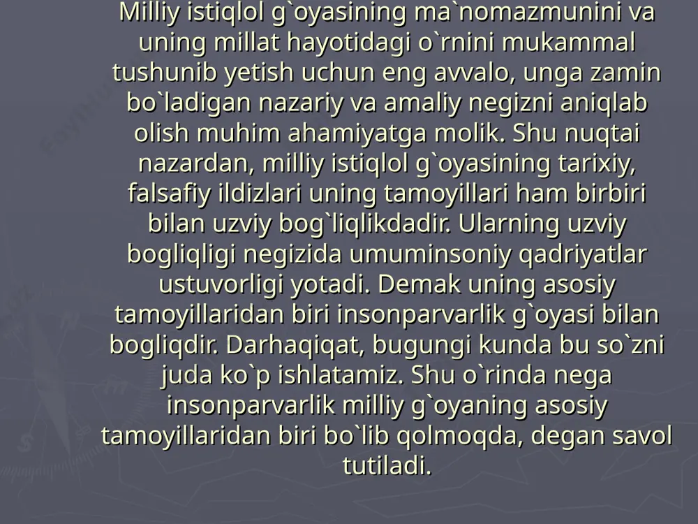 ida umumbashariy tamoyillar bilan bir qatorda millat tafakkuri, ruhiyati va fikrlash tarzi, qarashlar xilmaxilligi o`zaro uygunlashtiriladi. bu jarayon mamlakatimiz taraqqiyotida barqarorlik xavfsizlik masalalari bilan hamjihatlikda tutashgan holda namoyon bo`ladi. milliy g`oyaning umumbashariy tamoyillari tamoyil deganda esa, narsa - xodisaning mohiyati va namoyon bo’lishiga xos ustuvor hususiyatlar tushuniladi. demak milliy istiqlol g’oyasining asosiy tushuncha va tamoyillari deganda milliy g’oyamizning asosiy qonuniyat holida belgilarini o’zida ask ettiradigan bilim va tasavvurlarini, uning mohiyati va namoyon bo’lishiga xos hususiyatlarni anglaymiz. “milliy istiqlol g’oyasi: asosiy tushuncha va tamoyillari” fanining asosiy maqsadi g’oya, g’oyalarning turlari, mafkura, milliy istiqlol g’oyasining asosiy tamoyillari, olijanob fazilatlari, oila, maktab tarbiyasi, komillik bilan bog’liq tushuncha va tasavvurlarni shakllantirishga qaratilgan. uning asosiy vazifasi esa ma’naviyat, g’oya va mafkura haqidagi tushunchalarni, milliy istiqlol g’oyasi asosiy tamoyillarini ma’rifiy yo’llari bilan singdirish, yuksak fazilatlarni, e’tiqod, dunyoqarash va mafkuraviy profilaktika va mafkuraiy immunitet asoslarini, fikrlash ko’nikmalarini shakllantirish, yosh avlod qalbida bo’shliq vujudga kelishiga yo’l qo’ymaslikdan iboratdir. …