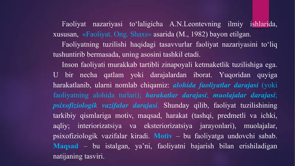 avbatda aqliy faoliyat bo‘lib, u sof psixologik jarayonlarning kechishidan kelib chiqadi. kelib chiqishi nuqtai nazaridan ichki - aqliy, psixik faoliyat tashqi predmetli faoliyatdan kelib chiqadiaqliy harakatlar - shaxsning ongli tarzda, ichki psixologik mexanizmlar vositasida amalga oshiradigan turli-tuman harakatlaridir. eksperimental tarzda shu narsa isbot qilinganki, bunday harakatlar doimo motor harakatlarni ham o‘z ichiga oladi. bunday harakatlar quyidagi ko‘rinishlarda bo‘lishi mumkin: perseptiv – ya’ni, bular shunday harakatlarki, ularning oqibatida atrofdagi predmetlar va hodisalar to‘g‘risida yaxlit obraz shakllanadi; mnemik faoliyat, narsa va hodisalarning mohiyati va mazmuniga aloqador materialning eslab kolinishi, esga tushirilishi hamda esda saqlab turilishi bilan bog‘liq murakkab faoliyat turi; fikrlash faoliyati - aql, faxm-farosat vositasida turli xil muammolar, masalalar va jumboqlarni echishga qaratilgan faoliyat; imajitiv - («image» -obraz so‘zidan olingan) faoliyati shundayki, u ijodiy jarayonlarda hayol va fantaziya vositasida hozir bevosita ongda berilmagan narsalarning xususiyatlarini anglash va hayolda tiklashni taqozo etadi. yuqorida ta’kidlaganimizdek, har qanday faoliyat ham tashqi harakatlar asosida shakllanadi …