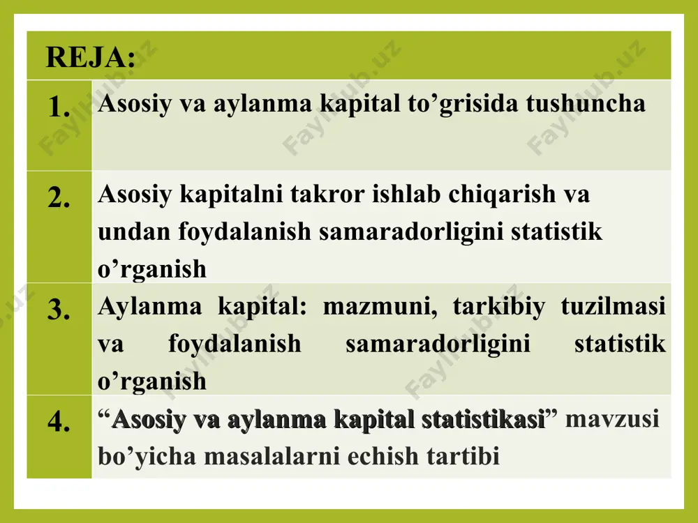 an kirmaydi, uzoq davr (masalan stanok 10 yil, bino 50-100 yil) davomida faoliyat qiladi, o'zining oldingi natural—buyum shaklini bir nechta doiraviy aylanishlar davomida saqlab qoladi. aksincha, aylanma kapital (masalan paxta, jun, metall) har bir doiraviy aylanishda to'liq unumli iste`mol qilinadi, o'zining ashyoviy–buyum shaklini yo'qotadi va yangi turlari bilan almashinadi. 2. qiymatini ishlab chiqarish natijalariga o'tkazish xususiyati. asosiy kapital ishlab chiqarish jarayonida qator yillar davomida faoliyat qilib, ularning qiymati tovarlarga qisman o'tib boradi. agar stanok 10 yil, binolar esa 50 yil davomida foydalanilsa, bunda har yili yangi mahsulot qiymatiga stanok qiymatining 1/10 va bino qiymatining 1/50 qismi o'tkazib boriladi. xom ashyo va materiallar, yoqilg`i va energiya kabi aylanma kapital elementlari har bir doiraviy aylanishda to'lig`icha unumli iste`mol qilinadi va ularning qiymati mahsulot va xizmatlar qiymatiga to'lig`icha o'tadi. aylanma kapital bir yil davomida bir necha marta aylanishi mumkin. 3. kapital qiymatining aylanish usuli. qiymatining aylanish usuli bo'yicha asosiy kapital qiymati ikkiga bo'linadi. …