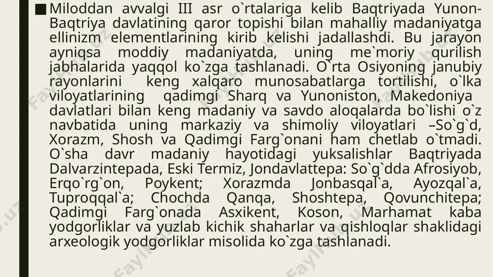 rxeologlar 3 qavatdan iborat bo`lgan mudofaa devori bo`lganligini, tashqi devorning yuqori qismida kamonchilar uchun qilingan tuynuklar, aylana shaklida burjlar o`rnini aniqlaganlar. qal`ada kulolchilik rivojlangan idishlar sirtiga afsonaviy qushlar rasmi chizilgan. ko`plab idishlarda chopar ot ustidagi sipohiylar surati solingan. tulpor ot tasviri esa ko`plab uchraydi. urug` totemlari bilan bog`liq xususiyatlarni aks ettiruvchi arslon, jayron, tuya singari hayvonlarning suratlari solingan buyumlar keng tarqalgan. kushonlar davriga oid yodgorliklarning yana biri dalvarzintepa bo`lib, u surhondaryo viloyatida joylashgan. 1972 yilda dalvarzintepani qazish vaqtida 34 kg og`irlikda tilladan ishlangan 115 dona buyum topilgan. ular bilaguzuklar, uzuk, to`g`nag`ichlar bo`lib, yuksak mahorat bilan yasalgan. dalvarzintepani qazish vaqtida 60 ta turli xil metal buyumlar topilgan. metall bilan bog`liq hunarmandchilikning rivoji haqida gap ketganda dalvarzintepadan topilgan tosh qoliplarni ham ko`rsatish mumkin. bu qoliplarda oyna, o`roq, pichoq, bigiz va boshqa shunga o`xshash ho`jalik buyumlari quyilgan. metall esa sopol idishlarda tigellarda eritilganligi olimlar tomonidan aniqlanib, o`rganilgan. dalvarzintepani qazish vaqtida ot uzangilari va …