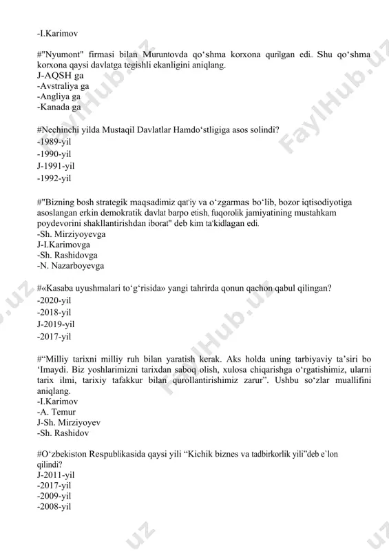 j-1995-yil 24-avgust -1994-yil 24-avgust -1996-yil 24-avgust -1998-yil 24-avgust #o‘zbekistonda qishloq xo‘jaligi rivojida qaysi usul o‘zining samarasini ko‘rsatdi? -ijara usuli. -pudrat usuli. -fermerlik usuli. j-klaster usuli. #o‘zbekiston respublikasida vitse-prezident lavozimi qachon tugatildi? -1991 yil 18 noyabr -1991 yil 29 dekabr j-1992 yil 4 yanvar -1992 yil 8 dekabr #yunesko qaroriga binoan qaysi shaharda markaziy osiyo tadqiqotlari xalqaro instituti tashkil etilgan? -xiva -toshkent -buxoro j-samarqand #bugungi kunda mamlakatimiz oltin zahirasi bo‘yicha nechanchi o‘rinda turadi? -6 o‘rinda j-4 o‘rinda -8 o‘rinda -5 orinda #qaysi partiya ko‘p jihatdan sobiq kommunistik partiyaning merosxo‘ri sifatida e‘tirof etiladi. -o‘zbekiston liberal-demokratik partiyasi. -milliy tiklanish demokratik partiyasi. -adolat sotsial-demokratik partiyasi. j-o‘zbekiston xalq demokratik partiyasi. “o‘zbekiston respublikasining davlat mustaqilligi to‘g‘risida”gi qonuni necha moddadan iborat. -18 -20 -23 j-17 #2008-yilda oliy majlis qonunchilik palatasi a’zolari soni 120 dan nechtaga taga oshirildi. j-150 -250 -100 -500 #o‘zbekiston respublikasida saylovlar tashkil etish va o‘tkazish bo‘yicha doimiy organ qaysi? j-oliy majlis -vazirlar mahkamasi -markaziy …