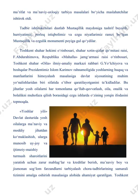 dbirlarining samarali tizimini amalga oshirish masalasiga alohida ahamiyat qaratilgan. toshkent shahar hokimligi shahar xotin-qizlar qo‘mitasi va tegishli tashkilotlar bilan hamkorlikda bu boradagi vazifalar ijrosini ta’minlashga qaratilgan qator ijtimoiy loyihalarni amalga oshirmoqda. davlatimiz rahbarining 2007 yil 18 mayda qabul qilingan “yosh oilalarni moddiy va ma’naviy qo‘llab-quvvatlashga doir qo‘shimcha chora-tadbirlar to‘g‘risida»gi farmoniga muvofiq joylarda yangi ish o‘rinlari ochish, yoshlarni kichik biznes va tadbirkorlikka faol jalb qilish, yosh oilalarga o‘z biznesini tashkil etish, oilalarning mehnat bilan bandligi va ularda barqaror daromad manbalarini shakllantirish uchun zarur sharoit yaratish, yosh oilalarga ipoteka va iste’mol kreditlari ajratishga alohida e’tibor qaratilmoqda. ayni paytda ijtimoiy-iqtisodiy masalalarni hal etishda yosh oilalarga amaliy yordam berilib, sifatli ta’lim, tibbiy, huquqiy, axborot, maslahat va boshqa xizmatlar ko‘rsatilmoqda. fuqarolarning o‘zini o‘zi boshqarish organlari orqali kam ta’minlangan oilalar farzandlari bo‘lgan yoshlarga, shu jumladan, to‘y marosimlarini o‘tkazishda moddiy yordam ko‘rsatish masalasi ham doimiy e’tiborda. tadbirda yoshlarni oila qurishga tayyorlash, ularning nikoh va oila to‘g‘risidagi huquqiy …
