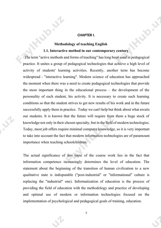 their time in the classroom and prepare assistants for the implementation of tasks in the classroom. the task of this work is to consider modern methods of interactive technologies for teaching russian language and literature. thus, the paper presents the essence of interactive technology and methods of using this technology in russian language and literature lessons. the use of interactive learning technologies is a real opportunity to fulfill modern requirements for updating the content and forms of education at school. here are examples of using various interactive exercises in russian language and literature lessons, exercises are a way to create a creative atmosphere in the classroom, they make it possible to fully implement personality–oriented learning. the paper consistently proves that the use of interactive technologies contributes to the improvement of reading and speech culture, the formation of skills of independent analysis of educational material and their own educational activities, the …
