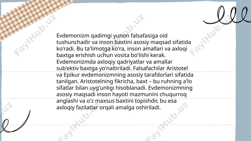 lantirilgan bo‘lib, ular hayotning mazmunini ezgulik va baxt orqali amalga oshishini ta’kidlashgan. axloqiy qadriyatlar va evdemonizm o‘rtasida kuchli aloqalar mavjud, chunki odamlar baxtga erishish uchun ko‘pincha axloqiy qadriyatlarga amal qiladilar. ... t.me/slaydai_bot gedonistik axloqiy tizim insonning baxt va rohatni oliy maqsad sifatida belgilashini anglatadi. jamiyatda bu axloqning ahamiyati turlicha bo'lishi mumkin. ba'zi madaniyatlarda bu yondashuv shaxsiy va ijtimoiy muvozanatga erishishda yordam berishi mumkin. boshqa hollarda, gedonizmga haddan ortiq berilish individualizm va mas'uliyatsizlikka olib kelishi ehtimoli mavjud. ushbu yondashuvning ijtimoiy ahamiyati shaxslar va jamoalar o'rtasidagi munosabatni muvozanatlash va baxtni ko'paytirishda yotadi. maqsad — shaxsiy rohat-farog'atni ko'zlaganda jamiyat farovonligini ham hisobga olishdir. jamiyat ma'naviy me'yorlar bilan yonma-yon yuradigan gedonizmning faol va balansli shaklidan foyda ko'rishi mumkin. gedonizm va evdemonizm ta’limotining axloqiy ahamiyati haqida teshaboyeva madina e'tiboringiz uchun raxmat! image1.png image2.png image3.png /docprops/thumbnail.jpeg