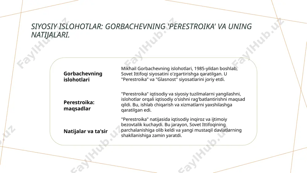 zgarishlar: sovet ittifoqining ijtimoiy dinamikasini qanday o'zgartirdi? 1 tarixiy o'zgarishlar - 1980-yillarda sovet ittifoqida yuzaga kelgan tarixiy o'zgarishlar, siyosiy va iqtisodiy tizimning zaifligini ko'rsatdi va ijtimoiy dinamikani o'zgartirdi. 2 ijtimoiy qatlamlar - ijtimoiy qatlamlar o'rtasidagi farqlar keskinlashdi. bu, ijtimoiy adolatsizlik va tengsizlik hissini kuchaytirdi, norozilik harakatlarini keltirib chiqardi. 3 milliy harakatlar - mustaqillik istaklari kuchayib, milliy harakatlar paydo bo'ldi. o'zbekistonda, turkmanistonda va boshqa respublikalarda o'z o'zini boshqarish uchun kurashlar boshlandi. 4 ijtimoiy norozilik - ijtimoiy norozilik, iqtisodiy qiyinchiliklar va siyosiy repressiyalar natijasida kuchayib, keng ko'lamli protestlar va demonstratsiyalarga olib keldi, davlatga bosim o'tkazdi. milliy harakatlar: ijtimoiy bezovtalik va mustaqillik istaklari. 1 milliy harakatlar - milliy harakatlar, turli respublikalarda mustaqillik va o'z-o'zini boshqarish istaklari bilan bog'liq bo'lib, sovet tizimiga qarshi kurashni ifodalaydi. 2 ijtimoiy bezovtalik - ijtimoiy bezovtalik, iqtisodiy qiyinchiliklar va siyosiy repressiyalar natijasida kuchaygan bo'lib, xalq orasida norozilik va protestlar ko'payishiga olib keldi. 3 mustaqillik istaklari - mustaqillik istaklari, milliy …
