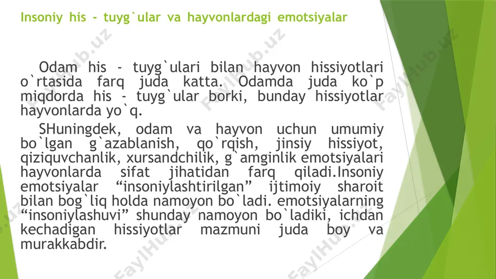 `ir ish kabilar. stress - jiddiylik holati. keskin vaziyat sababli yuzaga keladigan emotsional holatlar stress yoki jiddiylik holati deb ataladi.. stress holatining paydo bo`lishi va o`tishining psixologik xususiyatlarini bilish uchuvchilar, kosmonavtlar, elektrostantsiya operatorlari, dispetcherlar, mashinistlar, haydovchilar, sud’yalar, korxona rahbarlari, o`quvchilardan imtixon oladigan pedagoglar va boshqalar uchun ham muhimdir. yuksak hislar hissiy jarayonlarning har xil shakllari normal odamda alohida yakka holda mavjud bo`lmaydi. yuzlab va minglab kechirilayotgan emotsiyalar, affektlar, kayfiyatlarda aniq yashaydigan umumlashtirilgan hislar yuksak hislar deyiladi. yuksak hislar o`z tarkibiga birmuncha soddaroq turli hislarni oladi. insoniy faoliyatning qaysi bir turi, yoki qaysi bir sohasi hislarning qaysi birining asosi ekanligiga qarab yuksak hislarning muhim turlari; praksik (amaliy), axloqiy, intellektual, estetik hislarga ajratiladi. praksik hislar. inson amaliy hayotining istalgan sohasi maqsadga muvofiq aqliy faoliyatga shaxsning ularga nisbatan muayyan munosabatda bo`lish sohasiga aylanib qoladi. bu birinchi navbatda odam biror maqsadni anglabgina qolmay, uni e`tirof etadigan yoki inkor qiladigan, bu maqsadlarga erishish yo`llarini baholaydigan, …