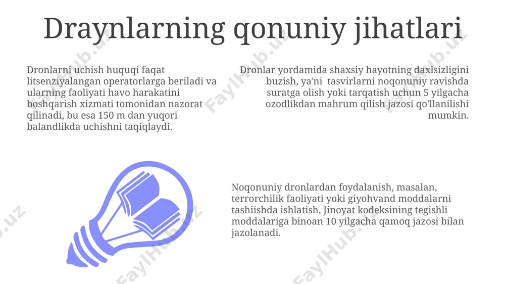 shirildi, bu esa hosilni 15% ga oshirishga yordam berdi. qurilish sohasida dronlardan foydalanish binolarning 3d modellashtirishini tezlashtiradi, xavfsizlikni ta'minlaydi va loyihalarni 20% ga arzonlashtiradi, shu bilan birga mehnat unumdorligini oshiradi. draynlar va jamiyat dronlarning 50% dan ortig'i fotosurat va videofilmlarni suratga olish uchun ishlatiladi, bu esa jamiyatda vizual kontent ishlab chiqarishning o'sishiga olib keladi. qishloq xo'jaligida dronlardan foydalanish hosildorlikni 20% ga oshirishga yordam beradi, buning natijasida oziq-ovqat xavfsizligi ta'minlanadi va qishloq xo'jaligi samaradorligi yaxshilanadi. dronlar yordamida tezkor yetkazib berish xizmatlari rivojlanmoqda, bu esa 15-20 minut ichida buyurtmalarni yetkazib berish imkonini beradi va transport tiqilinchilarini kamaytiradi. draynlarning turlari dronlarning 4 asosiy turi mavjud: multirotorli (4 dan 8 gacha rotorli), fiks qanotli (samolyotga o'xshash), vertolyotga o'xshash va hibrid turlar. har bir turining o'ziga xos afzalliklari va kamchiliklari bor. og'irligi 25 kg gacha bo'lgan yuklarni ko'tarishga qodir bo'lgan og'ir yuk tashuvchi dronlar ham mavjud. bunday dronlar qishloq xo'jaligi, qutqaruv ishlari va boshqa sohalarda …