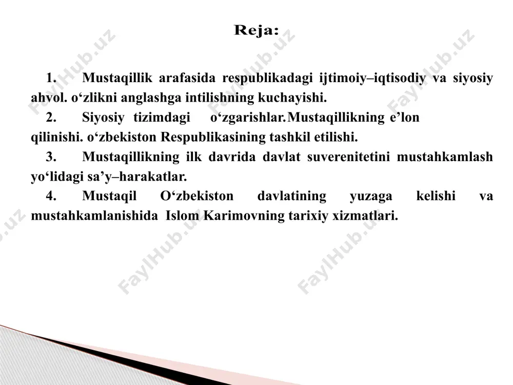 k, ishonchsizlik va norozilik kuchaydi. farg‘ona fojeasi yuz berdi. milliy о‘zlikni anglash boshlandi. о‘zbek tiliga davlat tili maqomini berilishi, paxta yakkahokimligini tugatilishi, ekologik holatni sog‘lomlashtirilishi о‘zbekistonda dolzarb masala sifatida kо‘tarildi. mustaqillik arafasida respublikadagi ijtimoiy-iqtisodiy va siyosiy ahvol. o‘zlikni anglashga intilishning kuchayishi xx asrning 80-yillari oxirida о‘zbekistonning ijtimoiy-siyosiy hayotida о‘zgarish boshlandi. odamlar xilma-xil fikrlar bildirish, dillaridagini oshkora ayta olish imkoniga ega bо‘la boshladilar. о‘zbek xalqining dilidagi g‘oya- mustaqillik g‘oyasi edi, xalq mana shu g‘oyani kо‘tarib chiqdi. mustaqillik uchun harakatda yangi tо‘lqin boshlandi. tarix taqozosi bilan elim, yurtim deb yonib yashayotgan islom karimovdek fidoyi insonning о‘zbekistonning birinchi rahbari lavozimiga 1989-yilda saylanishi bu sohadagi adolatsizliklarga barham berishiga olib keldi, adolat tiklandi. i.karimov xalq xohish-irodasini bajarib, о‘zbek tiliga davlat tili maqomini berish ishiga boshchilik qildi. 1989-yil 21-oktabrda respublika oliy kengashi “о‘zbekistonning davlat tili haqida” qonun qabul qildi. siyosiy, iqtisodiy, ijtimoiy va madaniy hayotning barcha sohalarida о‘zbek tili tо‘la amal qilishi qonunlashtirildi. bu qonunning qabul …