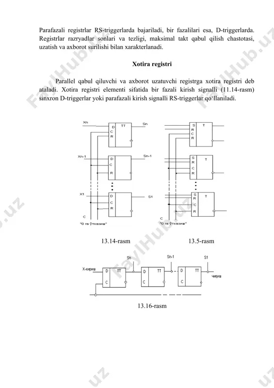 <n bo‘ladi. registrlarda bajariladigan mitti operatsiyalar turlariga qarab, registrlar quyidagi turlarga bo‘linadi: parallel qabul qilib, axborot beruvchi, ketma ket qabul qilib, axborot beruvchi, ketma ket qabul qilib, parallel axborot beruvchi, parallal qabul qilib va ketma ket axborot beruvchi. registrlar kirish va chiqish kanallari soniga qarab, bir fazali (signallar bir kanaldan uzatiladi) va parafazaliga (signallar 2 kanaldan uzatiladi) bo‘linadilar. parafazali registrlar rs-triggerlarda bajariladi, bir fazalilari esa, d-triggerlarda. registrlar razryadlar sonlari va tezligi, maksimal takt qabul qilish chastotasi, uzatish va axborot surilishi bilan xarakterlanadi. xotira registri parallel qabul qiluvchi va axborot uzatuvchi registrga xotira registri deb ataladi. xotira registri elementi sifatida bir fazali kirish signalli (11.14-rasm) sinxron d-triggerlar yoki parafazali kirish signalli rs-triggerlar qo‘llaniladi. 13.14-rasm 13.5-rasm 13.16-rasm siljish registrlari ketma-ket qabul qiluvchi yoki axborotni uzatuvchi registrlar siljish registrlari deb ataladi. o‘nga siljituvchi registrda x1 birinchi razryad son kiritish bilan, oxirgi chan tomonidagining kirish qismiga berilib, sn registr razryadli va unga birinchi s-sinxronlashtiruvchi …