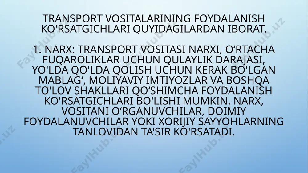 ransport vositalarini insoniyat va ekologiyani xavfsizlikka oshkor qilishda muhim ahamiyat kasb etadi. transport vositalari harakati yoki ulardan foydalanish xavfsizligi qoidalarini buzish bilan bog‘liq jinoyatlarning sodir etilishi, ularning sonini yildan-yilga oshishiga olib kelgan sabablar sifatida quyidagi omillarni kiritish mumkin, ya’ni transport vositalarining ko‘payishi, mast holatda transport vositalarini boshqarish, tezlikni oshirish va boshqa yul-harakat xavfsizligi qoidlariga rioya qilmaslik va boshqa holatlar. o‘zbekiston respublikasi jinoyat kodeksining 266-moddasi bo‘yicha qo‘zgatilgan jinoyat ishlarining taxlili shuni ko‘rsatmoqdaki, jinoiy javobgarlikka tortilgan shaxslar asosan mast, jismonan charchagan holatda (ko‘proq taksi haydovchilari) yoki tezlikni oshirish natijasida jinoyat sodir bo‘lishiga imkoniyat yaratilgan. ayniqsa, haydovchilarning transport vositalarini harakat tezligini me’yoridan oshirishi natijasida ko‘proq yo‘l transport hodisasi sodir bo‘lishiga sabab bo‘lmoqda. transport vositalari harakati yoki ulardan foydalanish xavfsizligi qoidalarini buzish jinoyatining yarmidan ko‘pi ayblanuvchilarning ruhiy holati me’yorda bo‘lmagan vaqtda sodir etilgan. ushbu jinoyat sodir etilishiga quyidagilar sabab bo‘layotganini ta’kidlash mumkin, jumladan, haydovchilik malakasi (amaliyoti) ning kamligi, yoshlarga xos bo‘lgan shoshqaloqlik, o‘zini ko‘rsatish, …