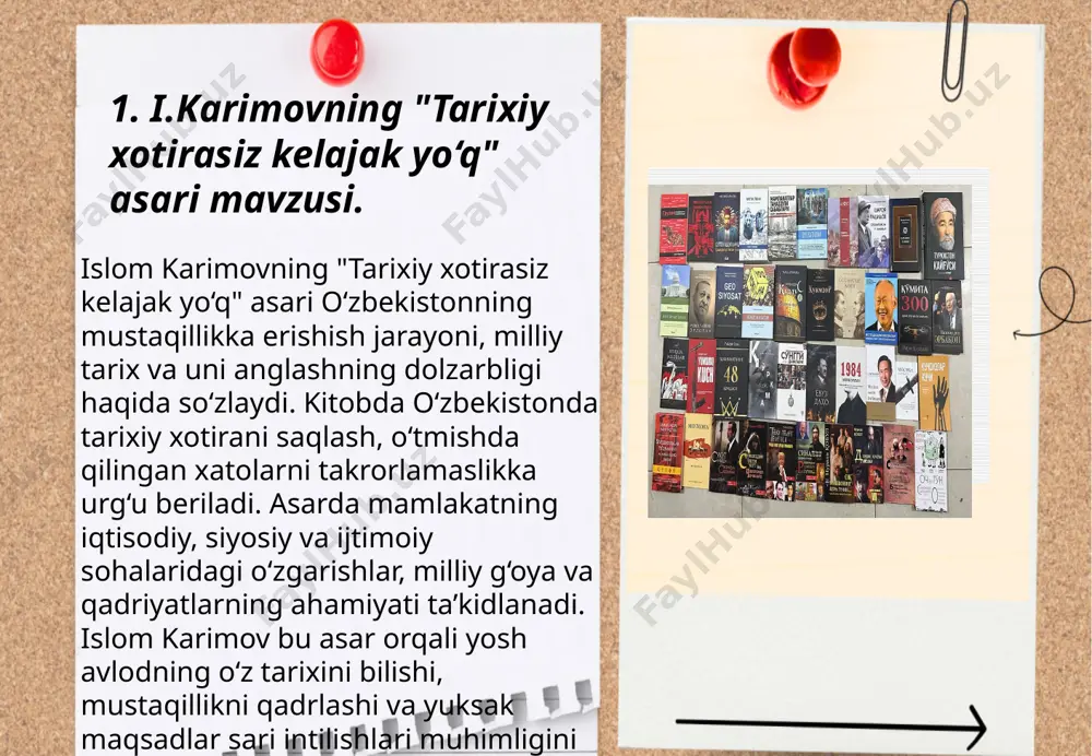 bu qadriyatlar orqali yoshlar milliy tarixni chuqur anglab, ma'naviy tarbiyalanadi. ... t.me/slaydai_bot 6. aholining tarixiy xotirasi va milliy g'urur o‘zbekistonning milliy o‘zligini saqlashda muhim rol o‘ynaydi. tarixiy xotira o‘tgan avlodlarning tajribalari va madaniy merosini anglashni ta'minlaydi. o‘zbekistonda 9-may xotira va qadrlash kuni sifatida nishonlanadi, bu urush qatnashchilari va mehnat faxriylariga hurmat ifodasidir. shuningdek, o‘zbekistonda amir temur (1336-1405) va alisher navoiy (1441-1501) kabi tarixiy shaxslar milliy g‘urur manbai hisoblanadi. o‘zbekiston mustaqilligini nishonlash 1-sentyabrda amalga oshiriladi va bu kun aholining milliy g‘ururini mustahkamlashga xizmat qiladi. ... t.me/slaydai_bot 7. tarixiy xotira va o'zbekistonning kelajagi. 7. tarixiy xotira va o'zbekistonning kelajagi mavzusida, o'zbekistonning boy tarixiy merosiga e'tibor qaratiladi. 1991-yilda mustaqillikka erishgan o'zbekiston tarixi qadimgi davrlarga, samarqand va buxoro kabi shaharlar orqali chinakam buyukligiga oid boyliklarga ega. zamonaviy o'zbekiston iqtisodiyoti o'sishda davom etmoqda va hukumatning 2030-yilga mo'ljallangan strategik rivojlanish rejasi bor. bu rejada iqtisodiy o'sishni barqarorlashtirish, ta'lim va innovatsiyalarni rivojlantirish ko'zda tutilgan. 2017-yili jadallashtirilgan islohotlar …