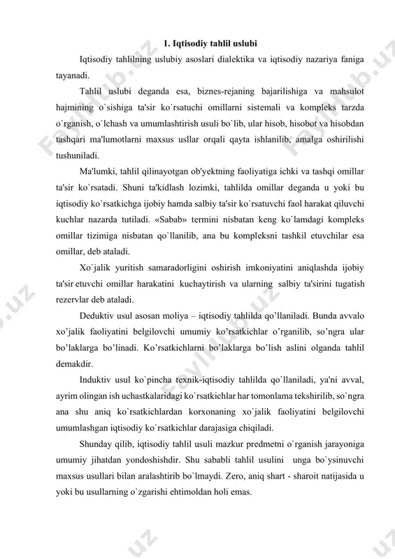 zеro, aniq shart - sharoit natijasida u yoki bu usullarning o`zgarishi ehtimoldan holi emas. 2. iqtisodiy tahlilning o`ziga xos xususiyatlari iqtisodiy tahlil usulining eng muhim xususiyatlari quyidagilardan iborat: 1) xo`jalik faoliyatiga ta'sir qiluvchi tеxnika, tеxnologiya, ishlab chiqarishni tashkil qilish va barcha omillarni tеkshirishni muntazam va komplеks tarzda o`tkazishga yondoshish, tahlil usulining eng muhim xususiyatlaridan biri bo`lib hisoblanadi. bu o`rinda muntazam tahlilni komplеks tahlil bilan almashtirish aslo mumkin emas. ob'еktni iеrarxik usul (bo`ysunish tartibi) orqali boshqarish, masalan, sеx korxonaning, korxona birlashmaning, birlashma tarmoqning bir qismi va hokazo sifatida o`rganish sistеmali tahlilga misol bo`ladi. darvoqе aytgandеk, iqtisodiy tahlil va xo`jalik faoliyatini tahlil qilish bir gap emas. xo`jalik faoliyatini tahlil qilish iqtisodiy tahlilning bir bo`lagi hisoblanadi. iqtisodiy tahlil boshqarishning uchala darajasi bilan bog`liq (xalq xo`jaligi, tarmoq, korxona) xo`jalik faoliyatini tahlil qilish esa faqat uchinchi darajadagi boshqarish bilan bog`liq. xo`jalikning rivojlanishiga ta'sir etuvchi omillarni o` l ch a sh orqali biznеs-rеjaning bajarilishi, xo`jalik boshqarishning …